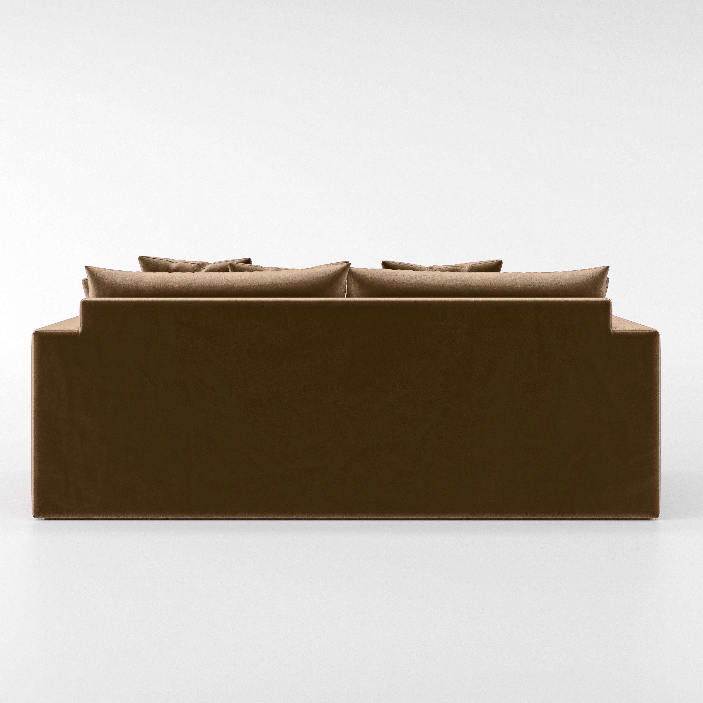 Rear view of the Coniston sofa upholstered in Plush EasyClean Velvet in Caribou.