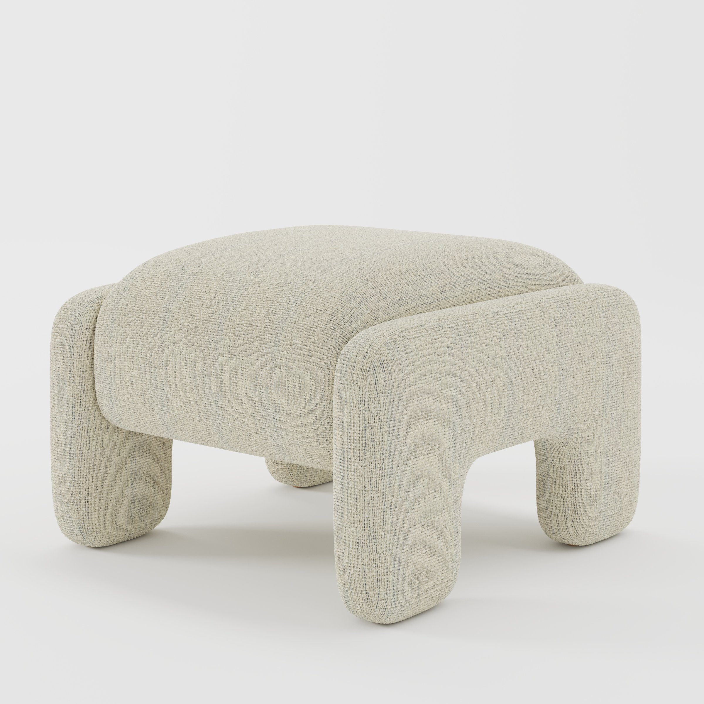 Inny footstool in Orsay bouclé cream and marine fabric, diagonal view highlighting rounded edges and tonal contrast