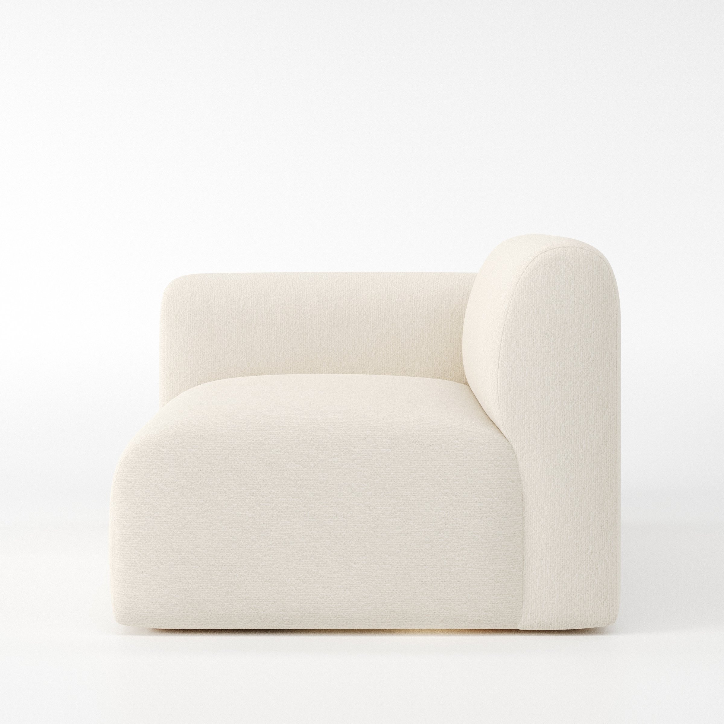 Drumquin modular sofa left side unit in Kilda Bouclé Cream shown from the side showing the rounded left armrest and deep seat profile.