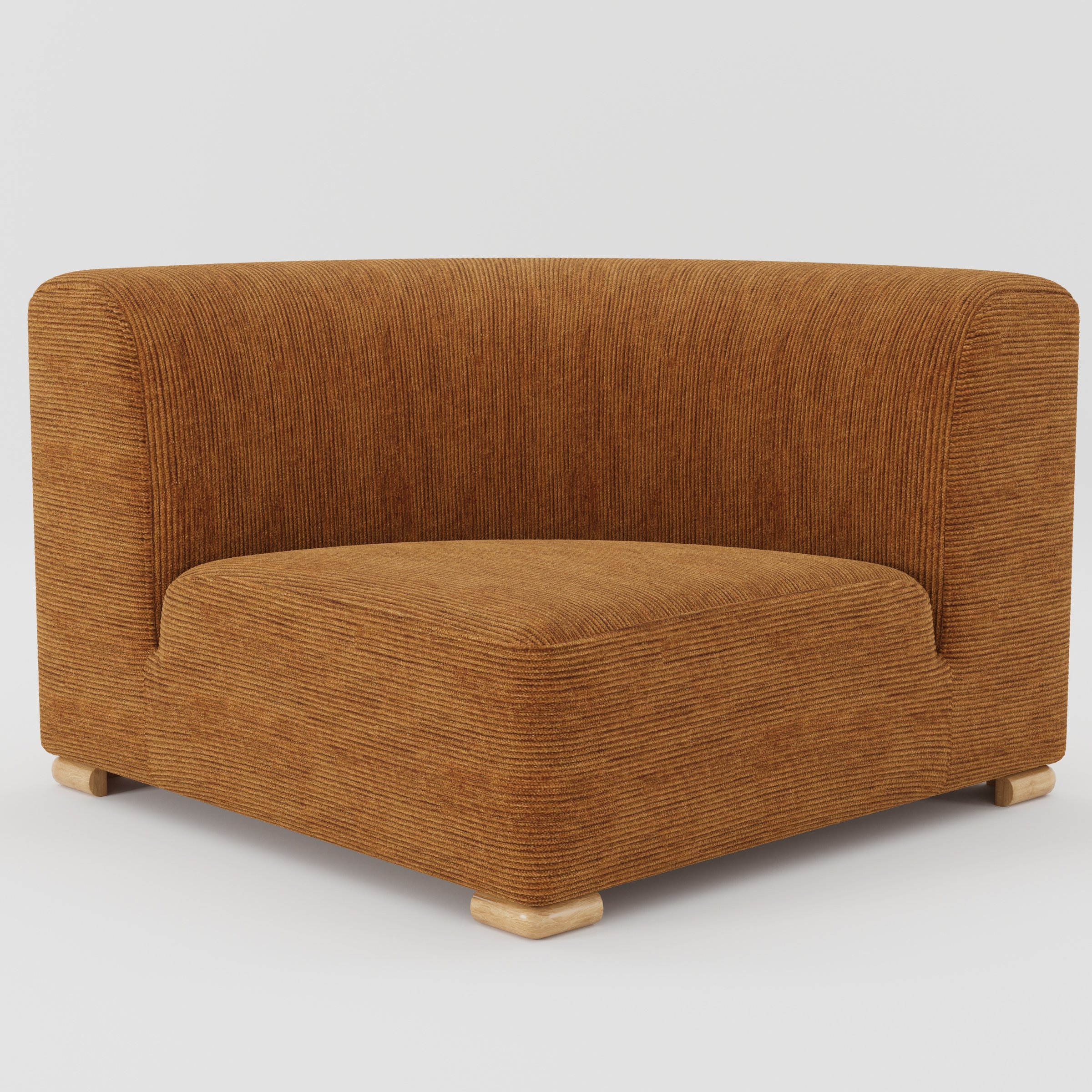 Tay corner sofa unit in Caldey Velvet Corduroy Tobacco shown from the front with a curved corner seat, wraparound backrest and visible timber feet.