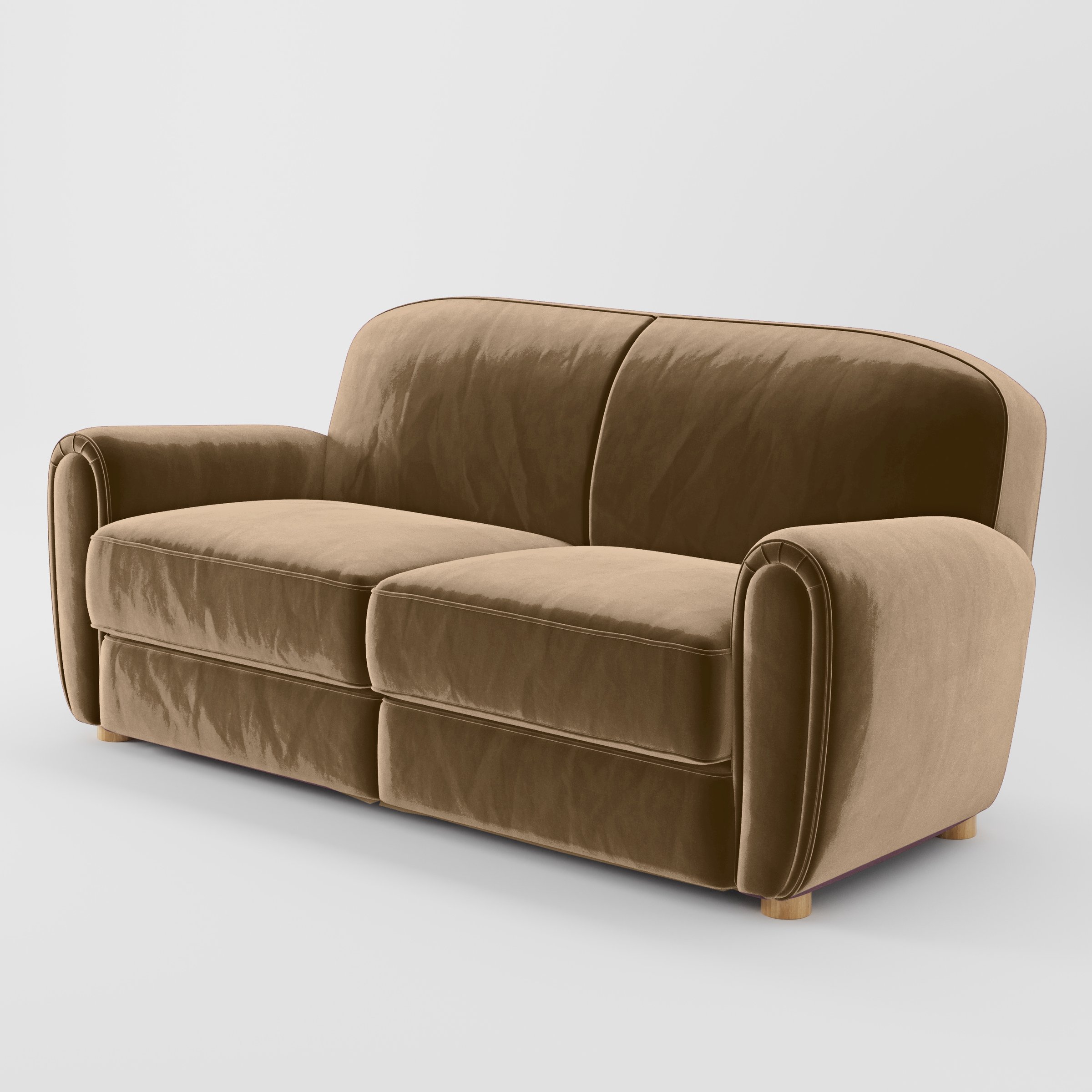 Diagonal view of the Fergus sofa upholstered in Plush EasyClean Velvet in Caribou.
