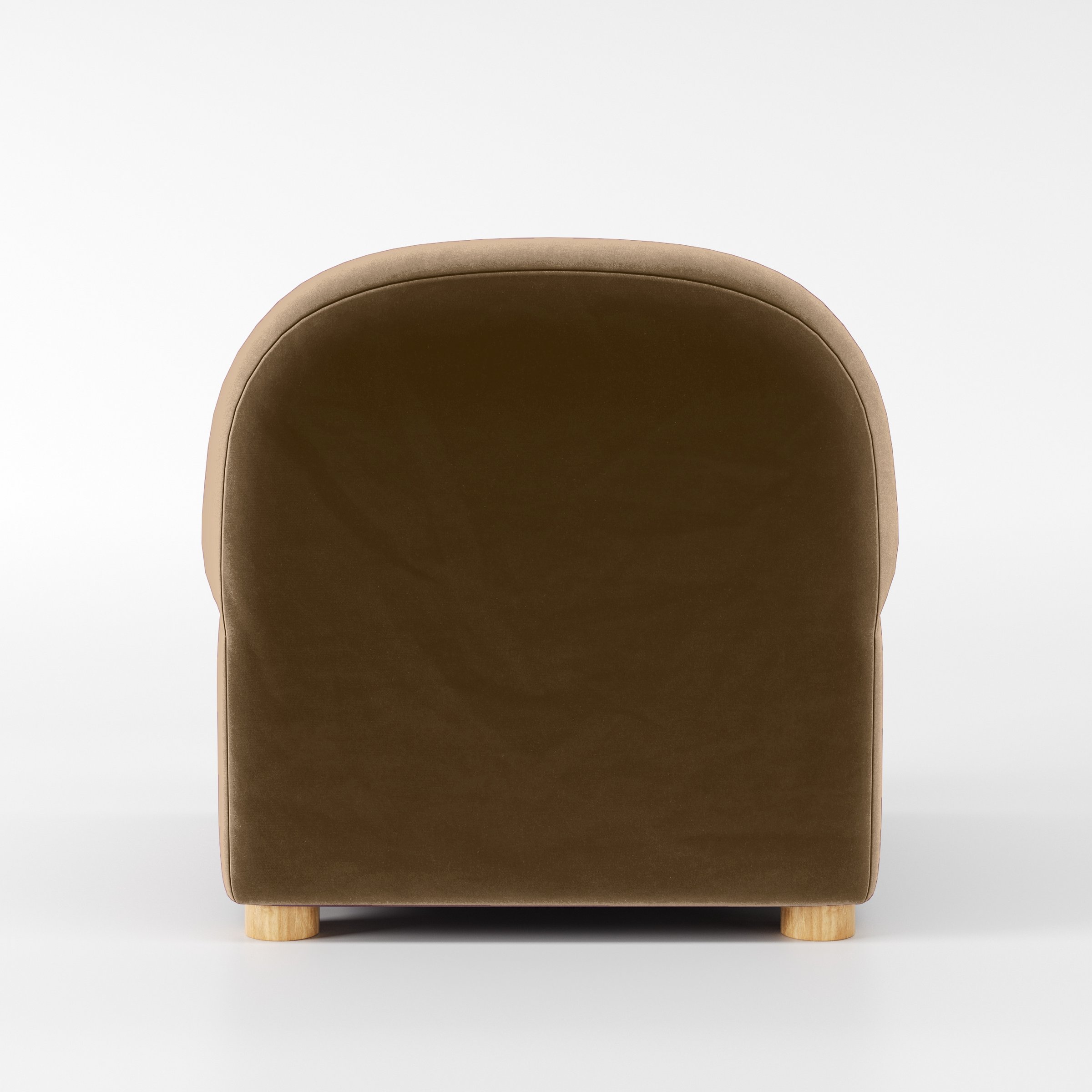 Rear view of the Awe armchair upholstered in Plush EasyClean Velvet in Caribou.
