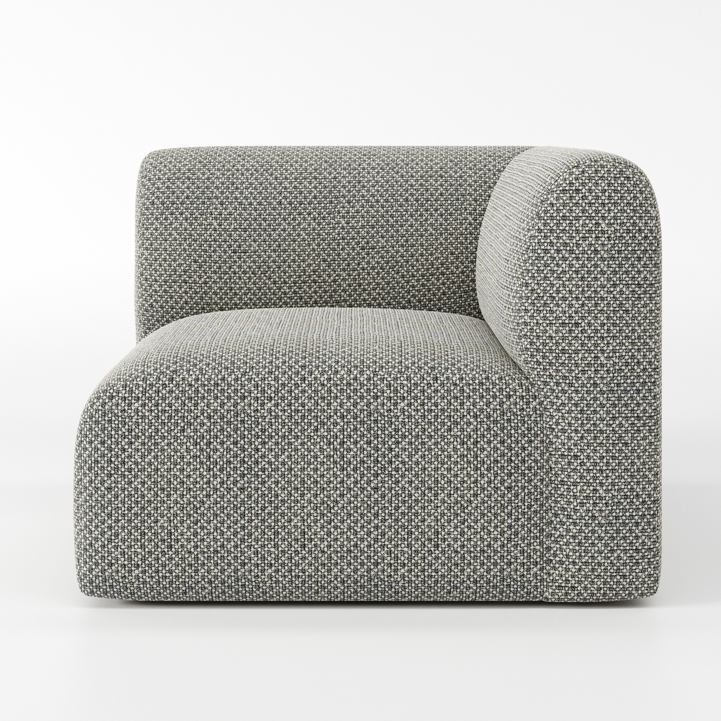 Drumquin modular sofa corner unit in Rousay Wool Blend Tar and Chalk shown from the right highlighting the wraparound back and soft, sculpted form.