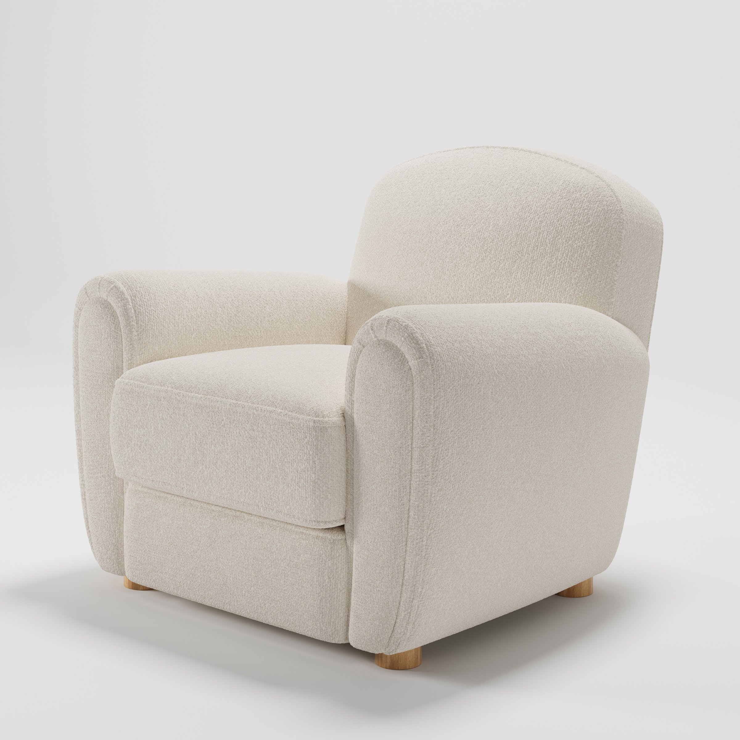 Fergus armchair in Kilda Boucle Cream shown at a diagonal angle highlighting rounded arms and seat depth.