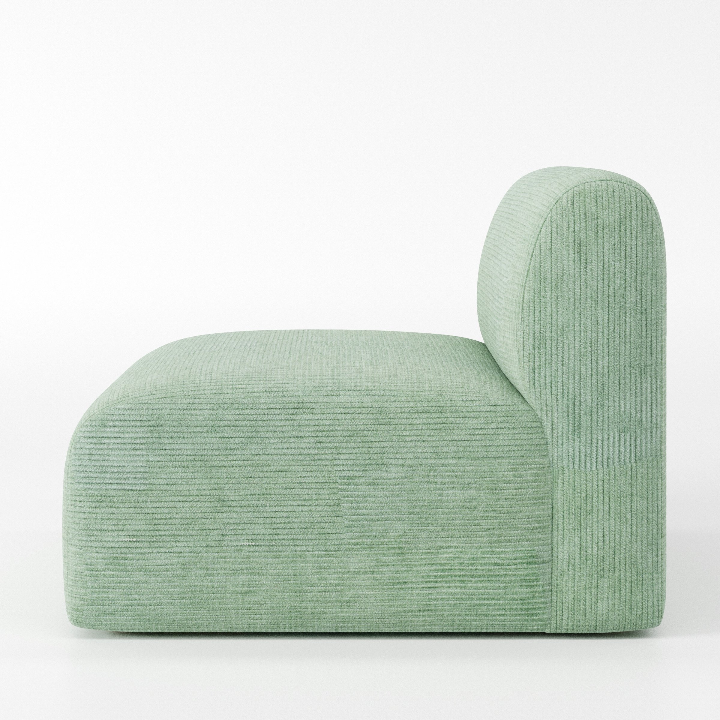 Drumquin modular sofa single unit in Caldey Velvet Corduroy Eucalyptus shown from the side showing the rounded backrest and deep seat profile.