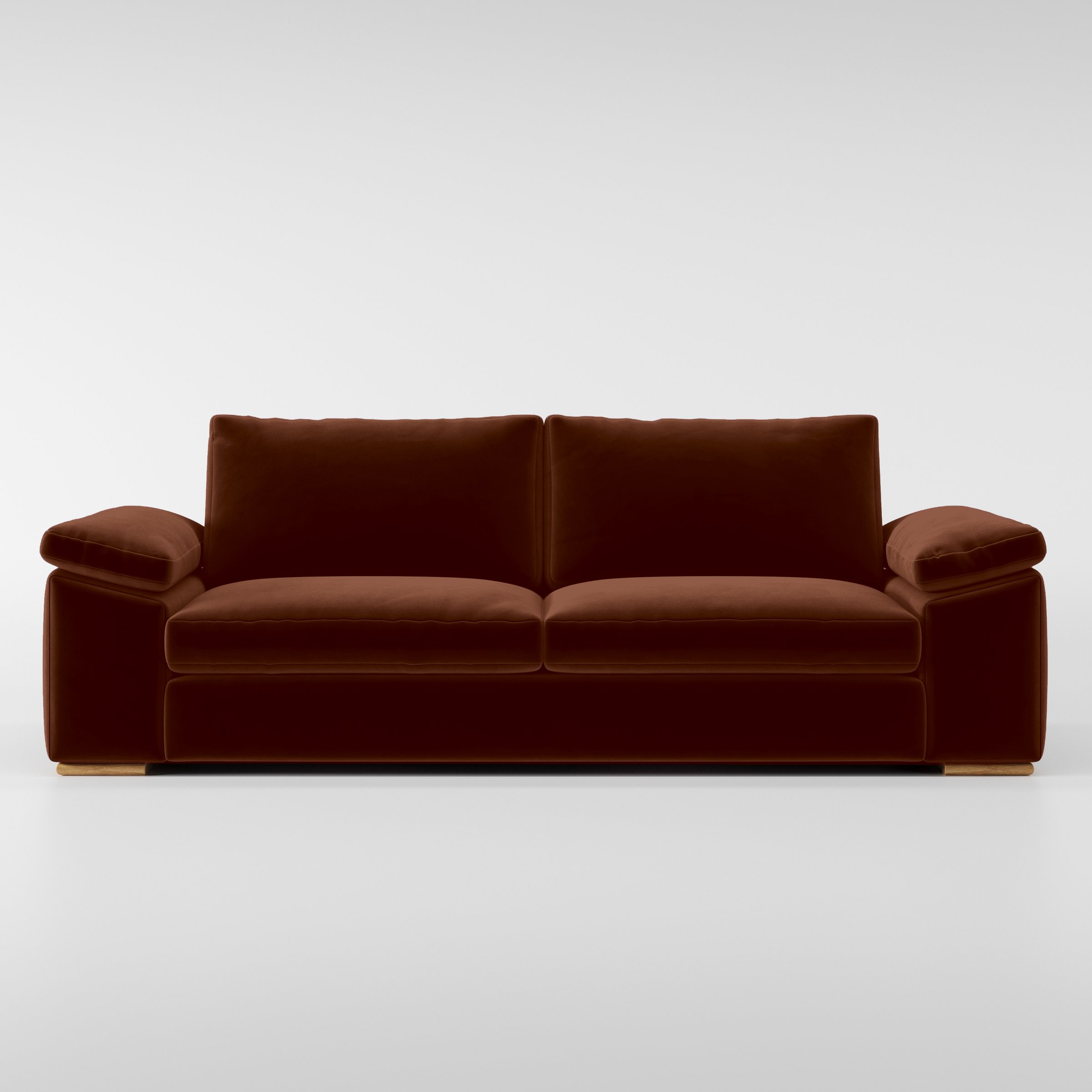 Front view of the Moy sofa upholstered in Plush EasyClean Velvet in Maple.