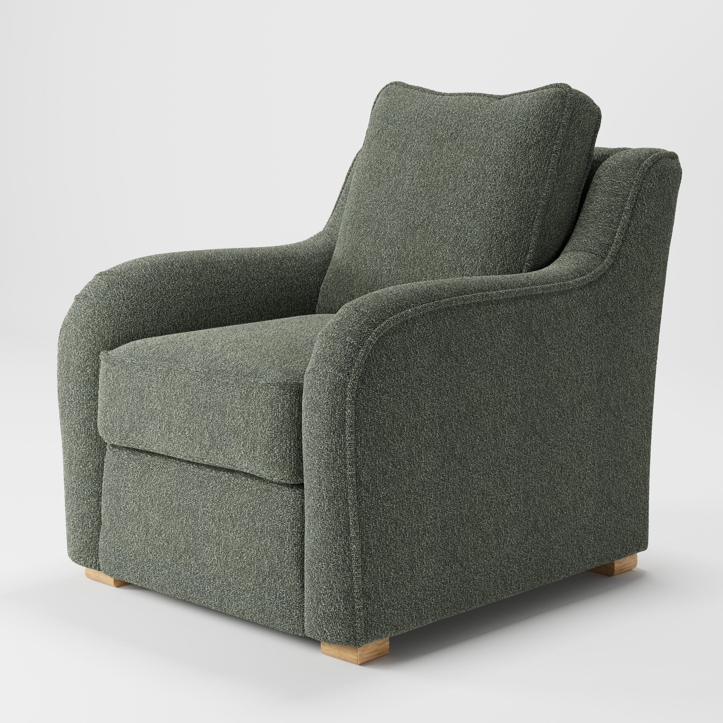 Cashel armchair in Kilda Boucle Moss shown at a diagonal angle highlighting curved arms and seat depth.