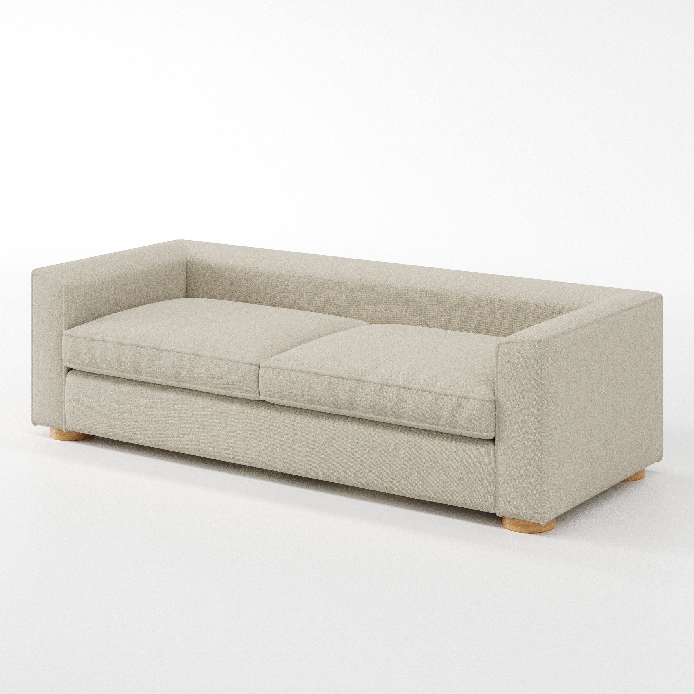 Feale sofa in Alderney Linen Oatmeal shown at a diagonal angle highlighting arm profile and seat depth.