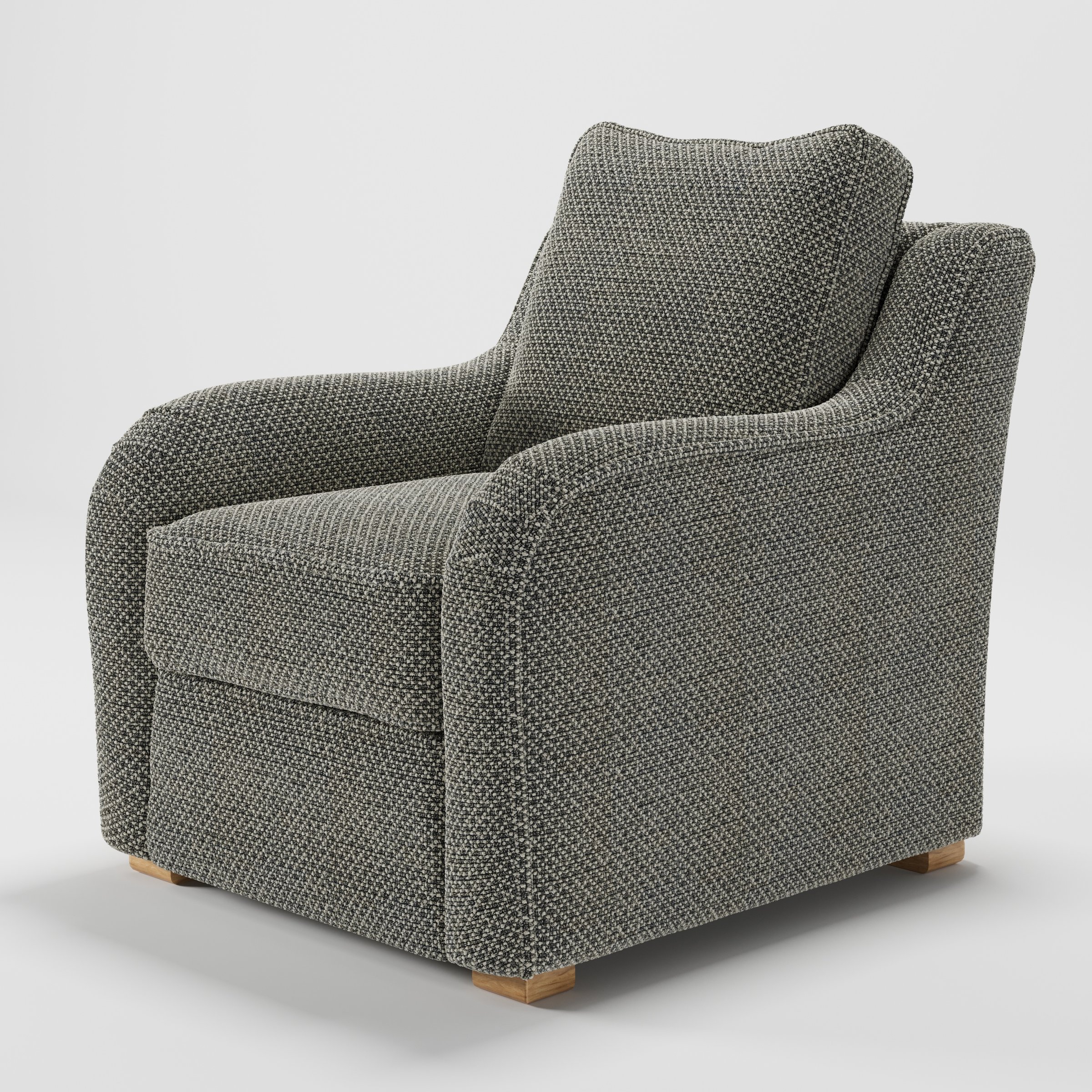 Cashel armchair in Rousay Wool Blend Tar and Chalk shown at a diagonal angle highlighting curved arms and seat depth.