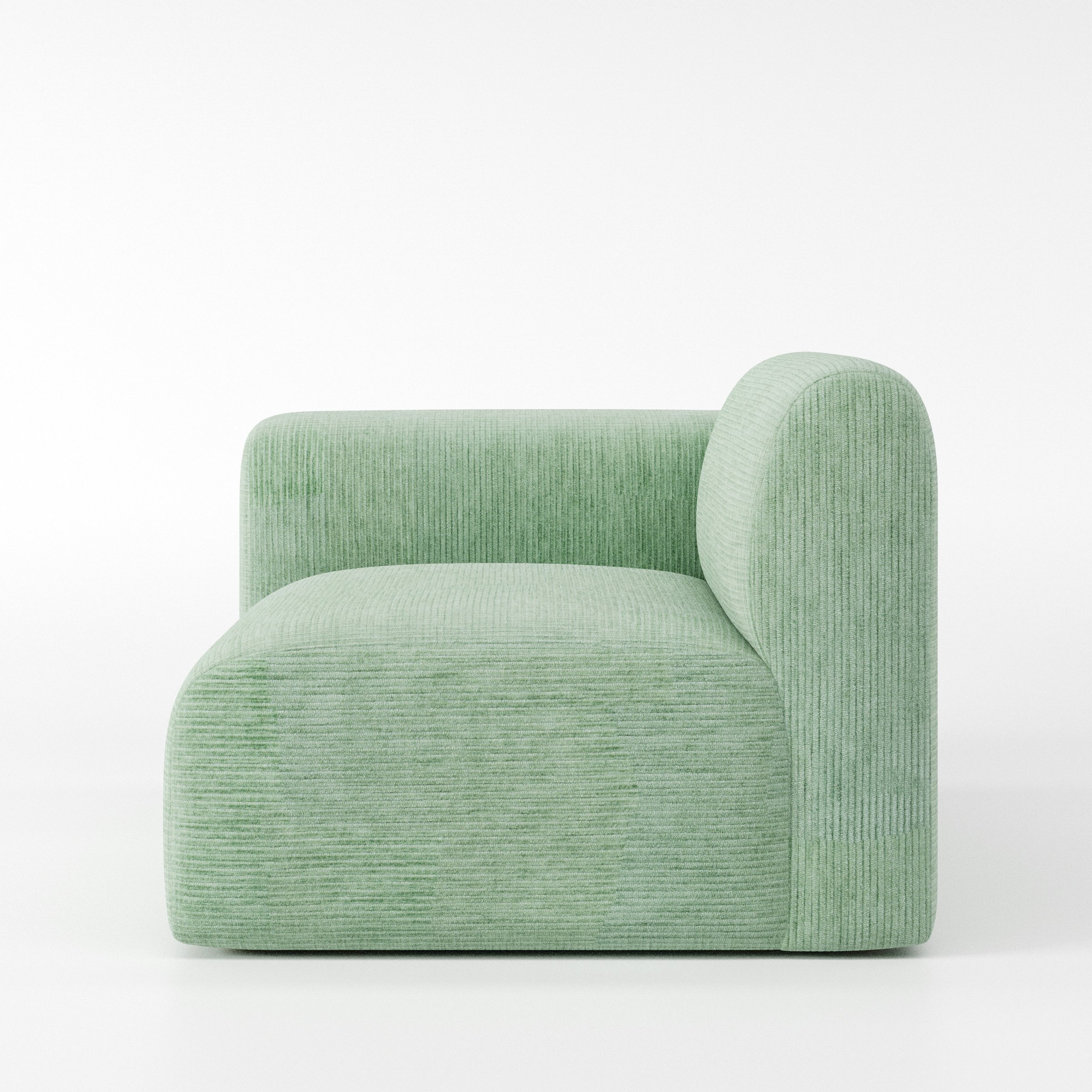 Drumquin modular sofa left side unit in Caldey Velvet Corduroy Eucalyptus shown from the side showing the rounded left armrest and deep seat profile.