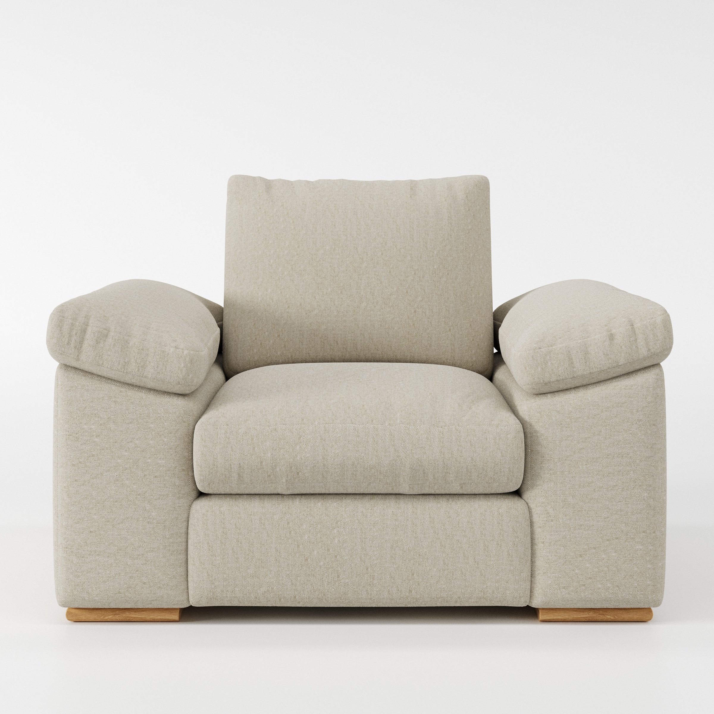 Moy armchair in Alderney Linen Oatmeal shown front-on against a neutral studio backdrop.