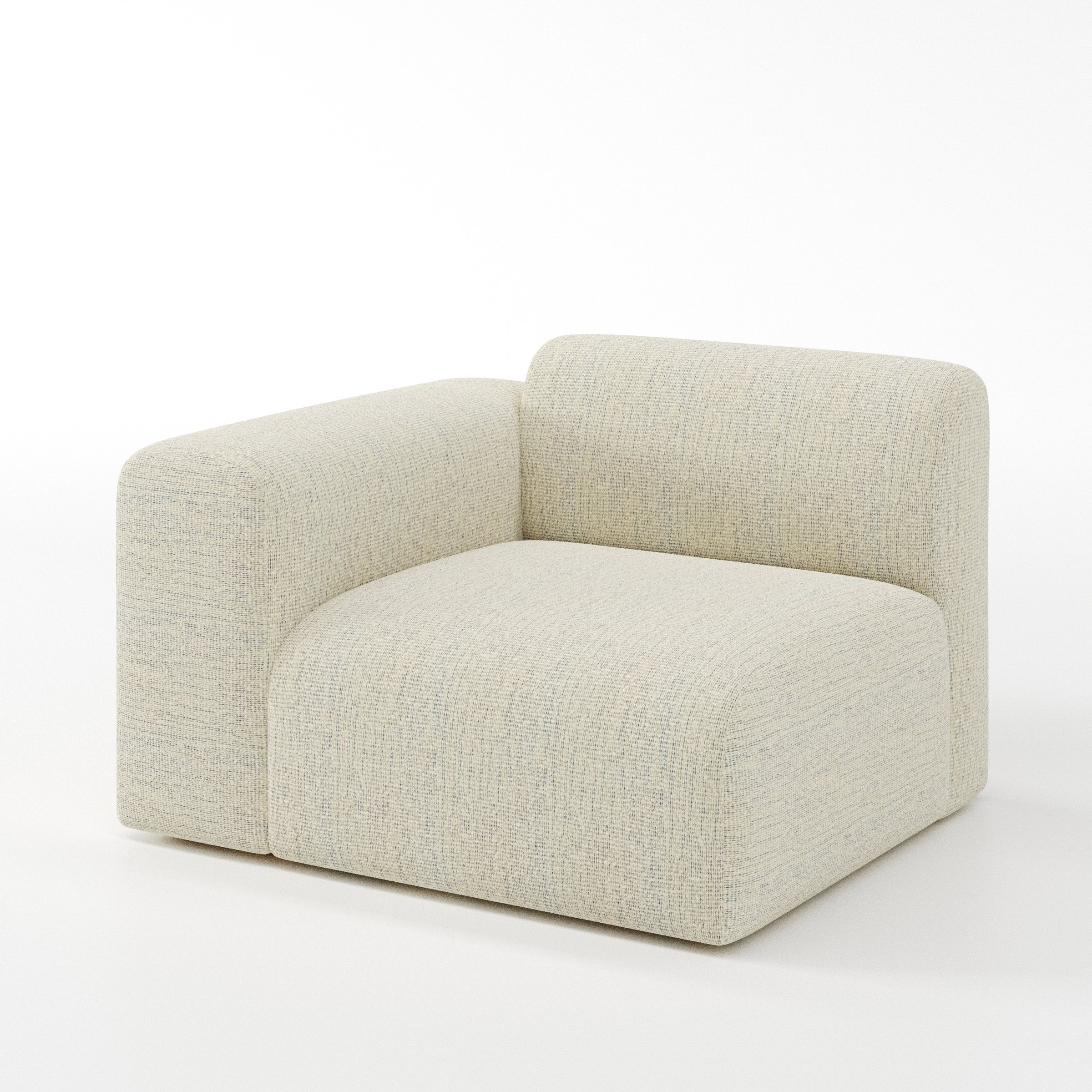 Drumquin modular sofa left side unit in Orsay Bouclé Cream and Marine shown at a diagonal angle highlighting the curved left armrest and generous seat depth.