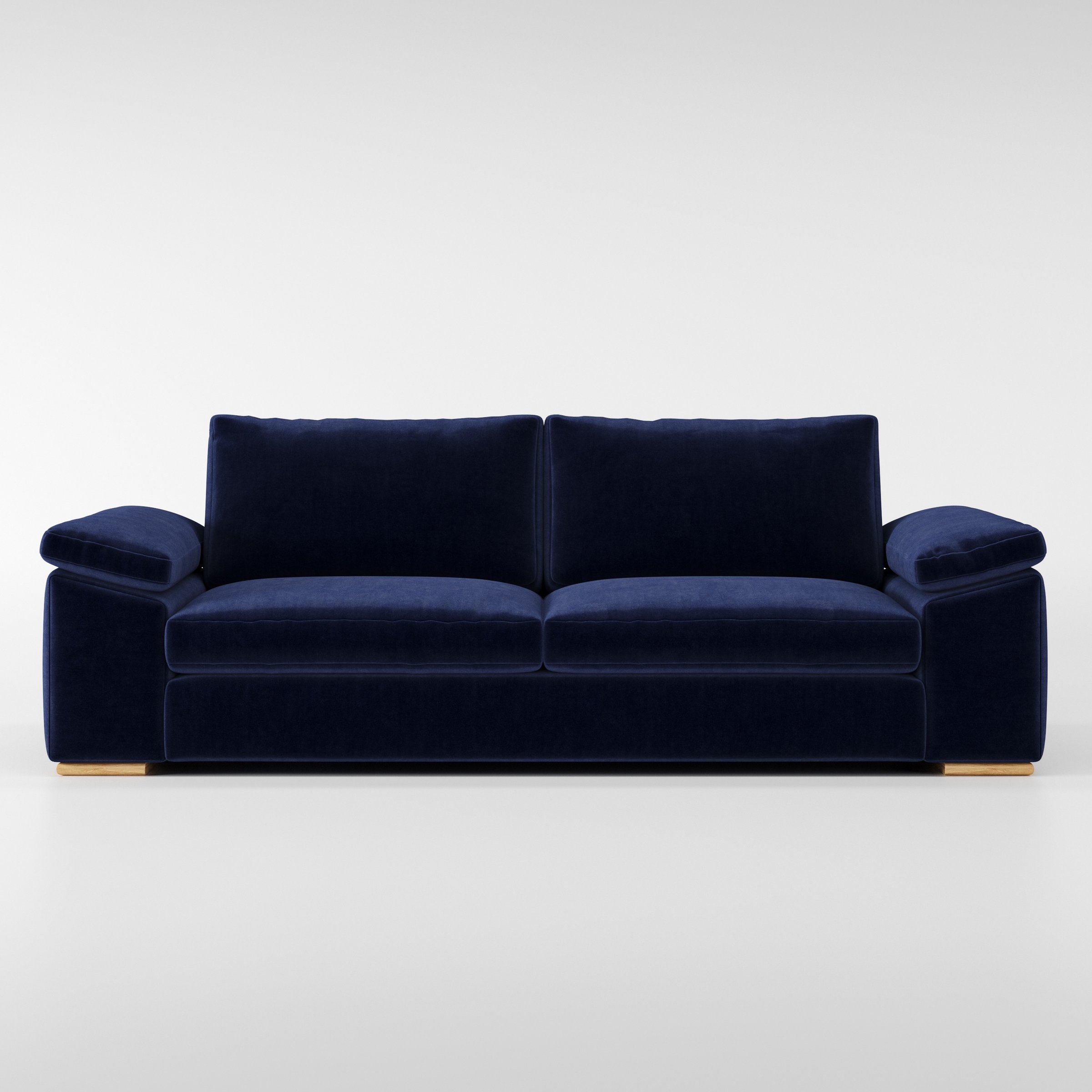 Moy sofa in Noss Velvet Navy shown front-on against a neutral studio backdrop.