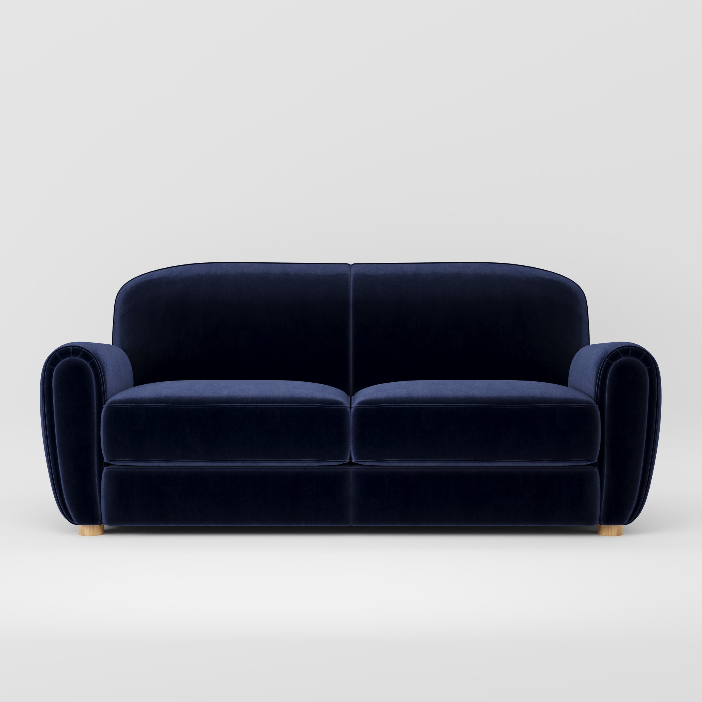 Fergus sofa in Noss Velvet Navy shown front-on against a neutral studio backdrop.