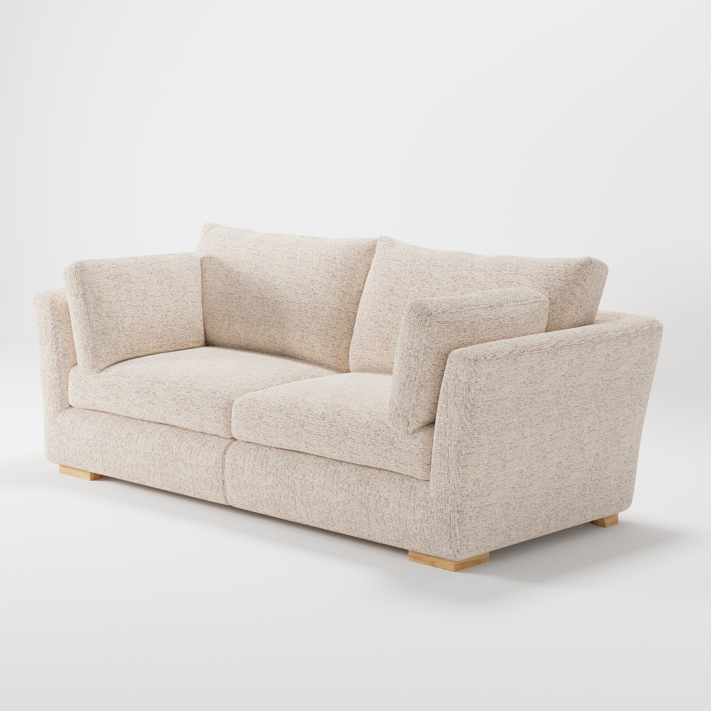 Stowe sofa in Orsay Boucle Cream and Copper shown at a diagonal angle highlighting arm profile and seat depth.