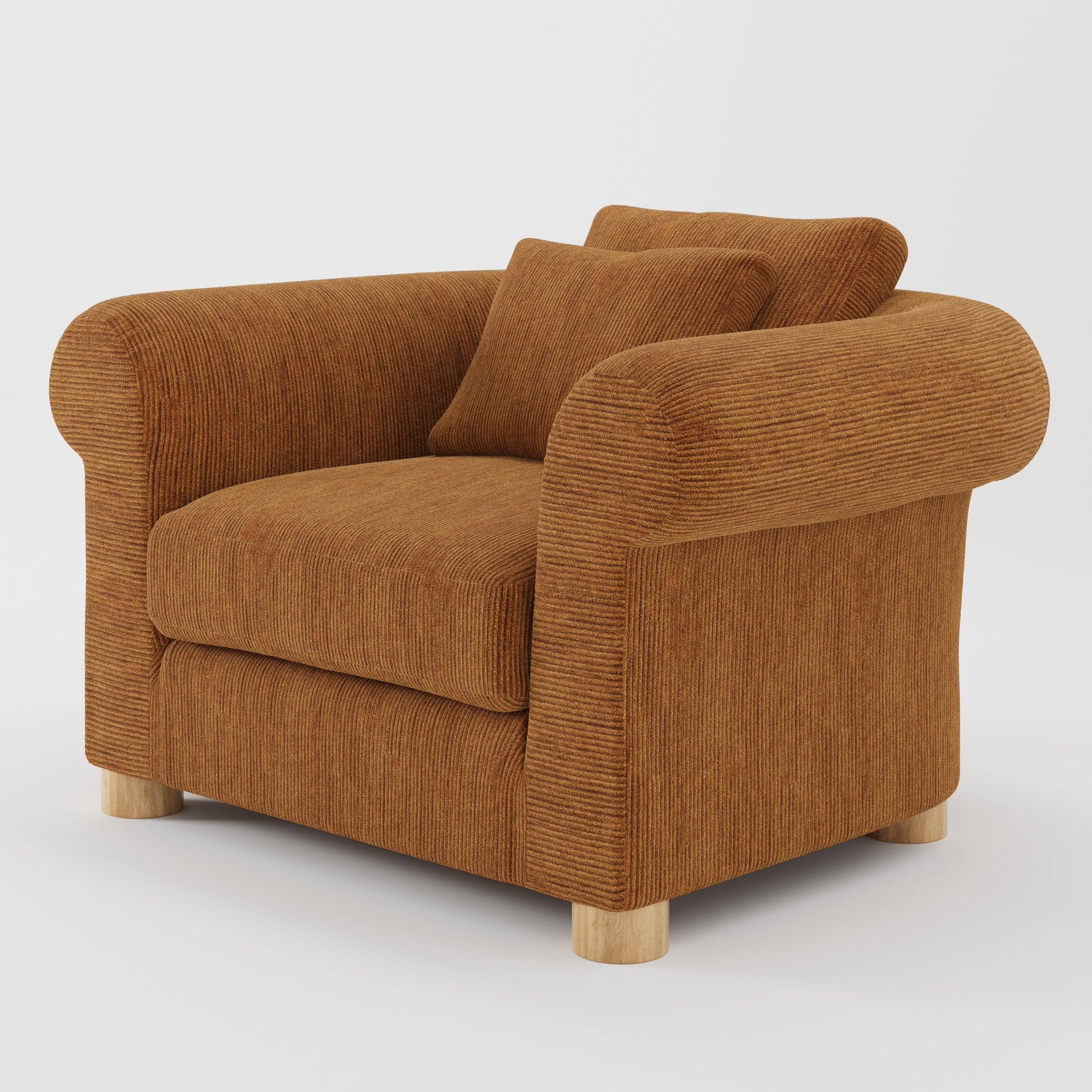 Windermere armchair in Caldey Velvet Corduroy Tobacco shown at a diagonal angle highlighting rounded arms and relaxed seat depth.