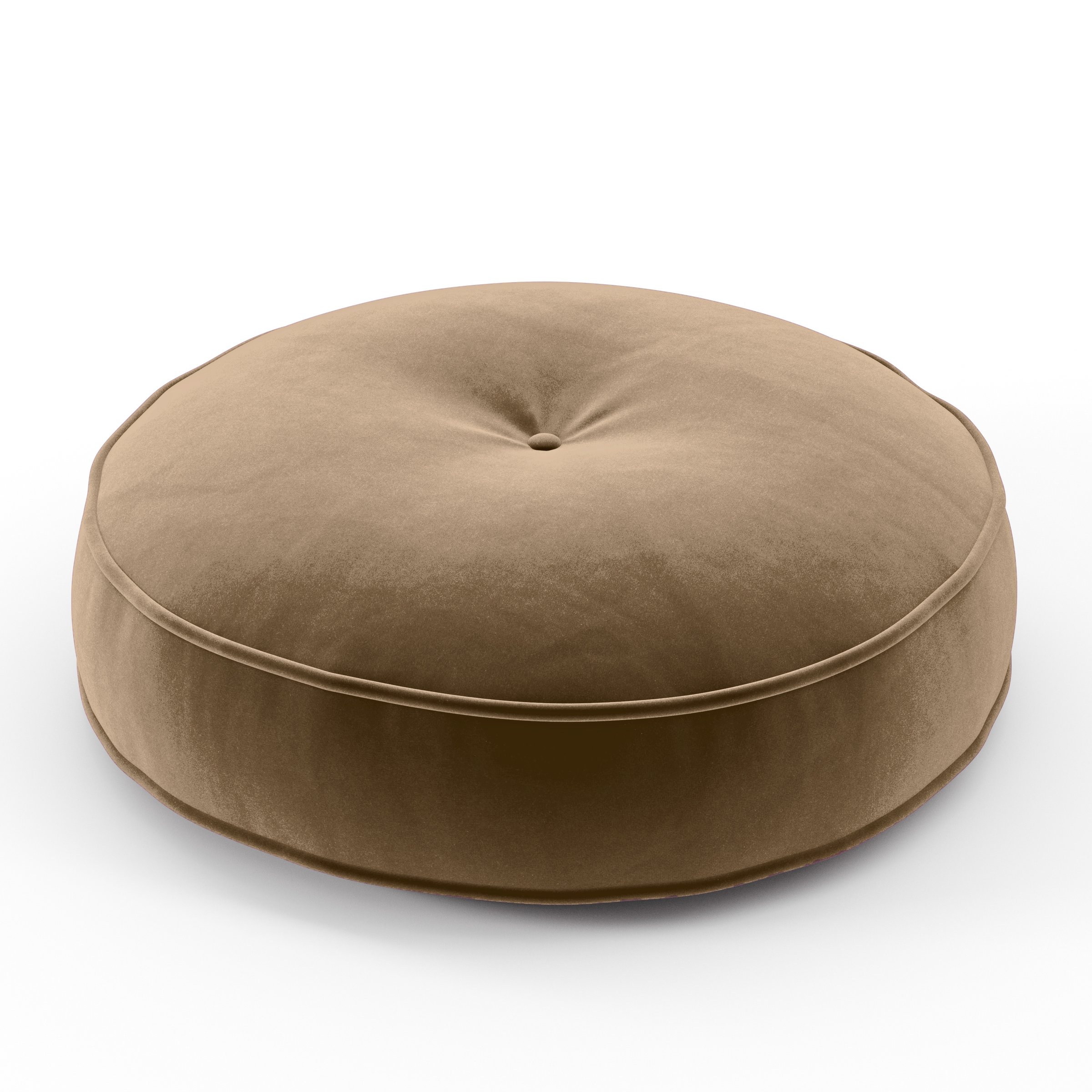 Cove Cushion round tufted cushion with piping upholstered in Plush EasyClean Velvet in Caribou, size 50cm x 8.75cm.