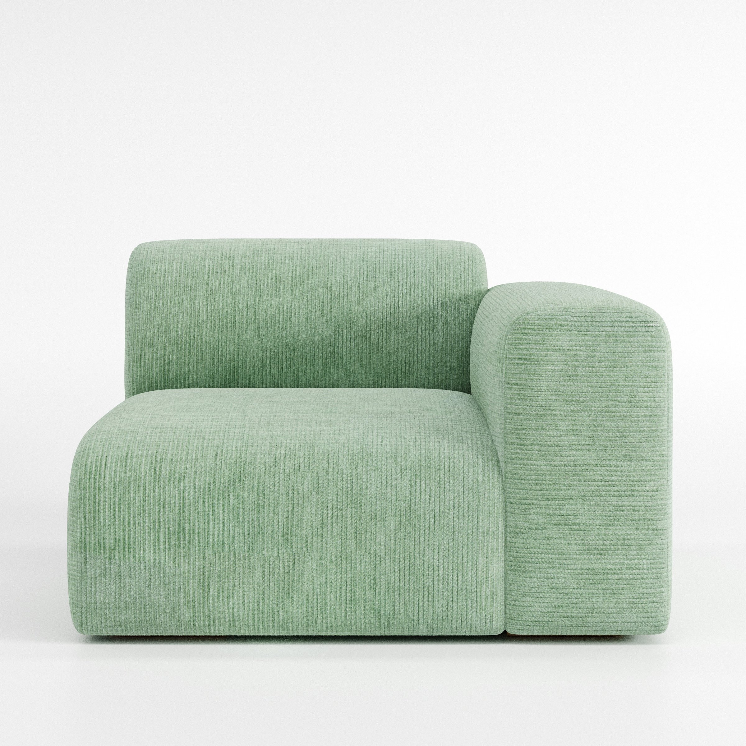 Drumquin modular sofa right side unit in Caldey Velvet Corduroy Eucalyptus shown from the front with a low, deep seat and a rounded right armrest.
