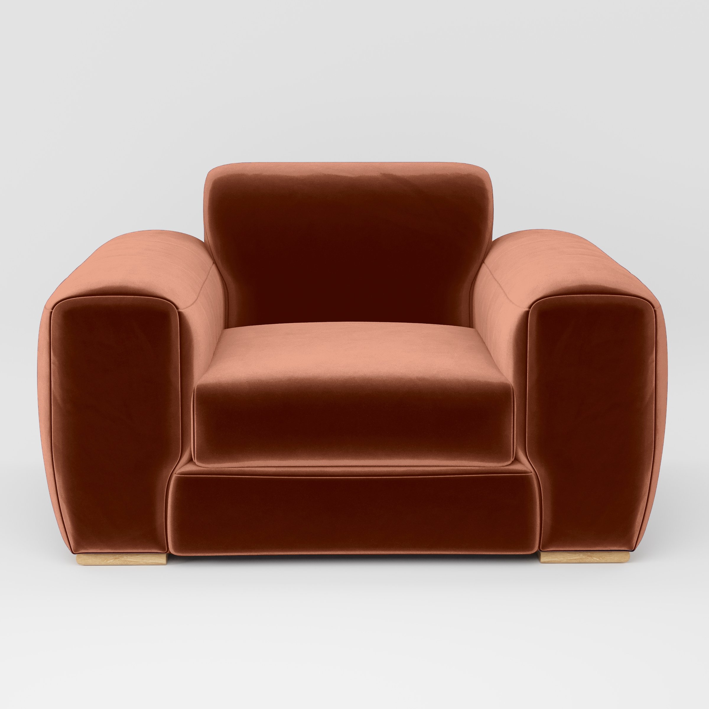 Front view of the Darwell armchair upholstered in Plush EasyClean Velvet in Apricot.