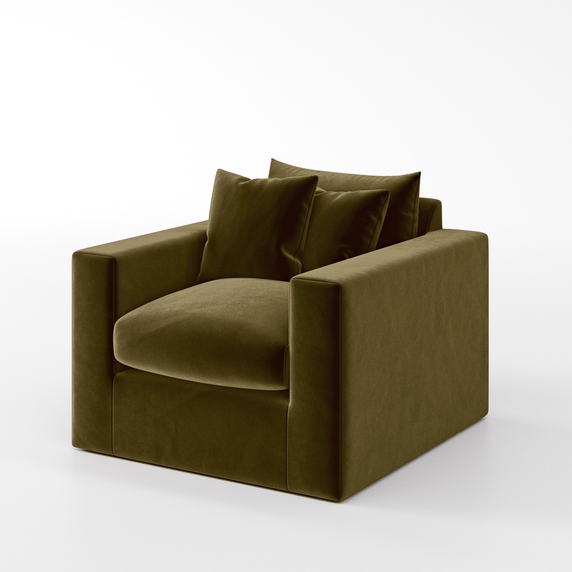 Diagonal view of the Coniston armchair upholstered in Plush EasyClean Velvet in Cedar.