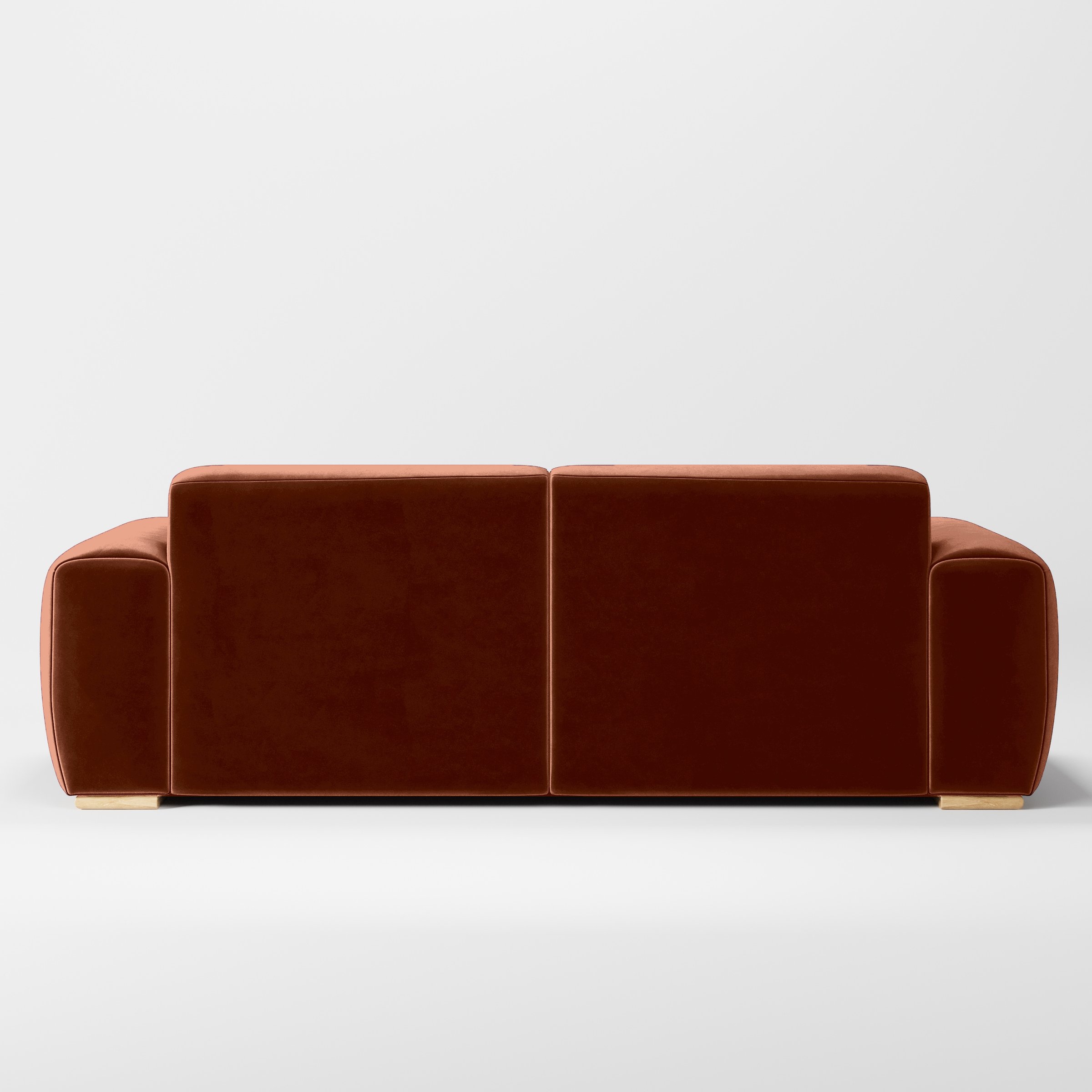 Rear view of the Darwell sofa upholstered in Plush EasyClean Velvet in Apricot.