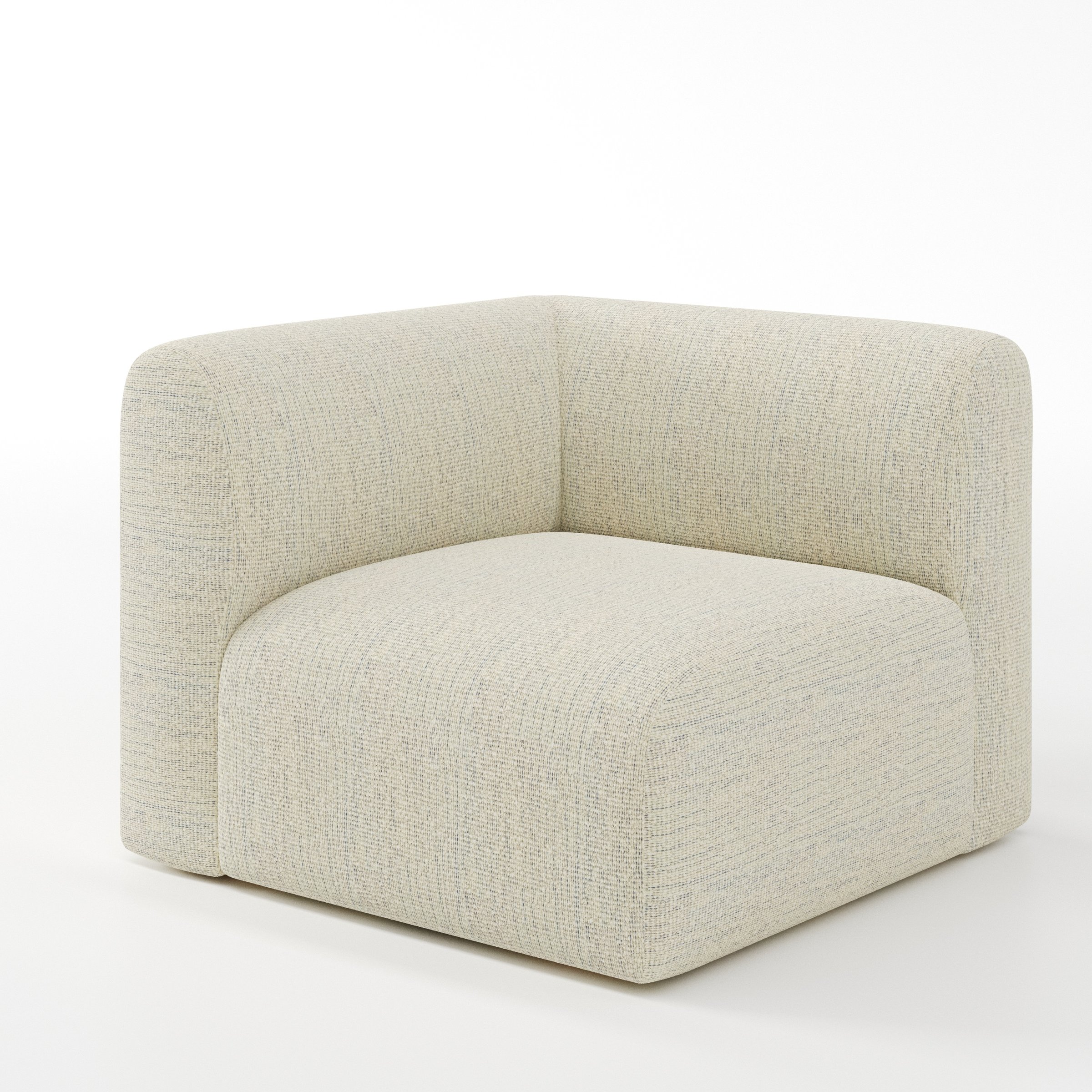 Drumquin modular sofa corner unit in Orsay Bouclé Cream and Marine shown at a diagonal angle highlighting the curved corner backrest and deep, enveloping seat.