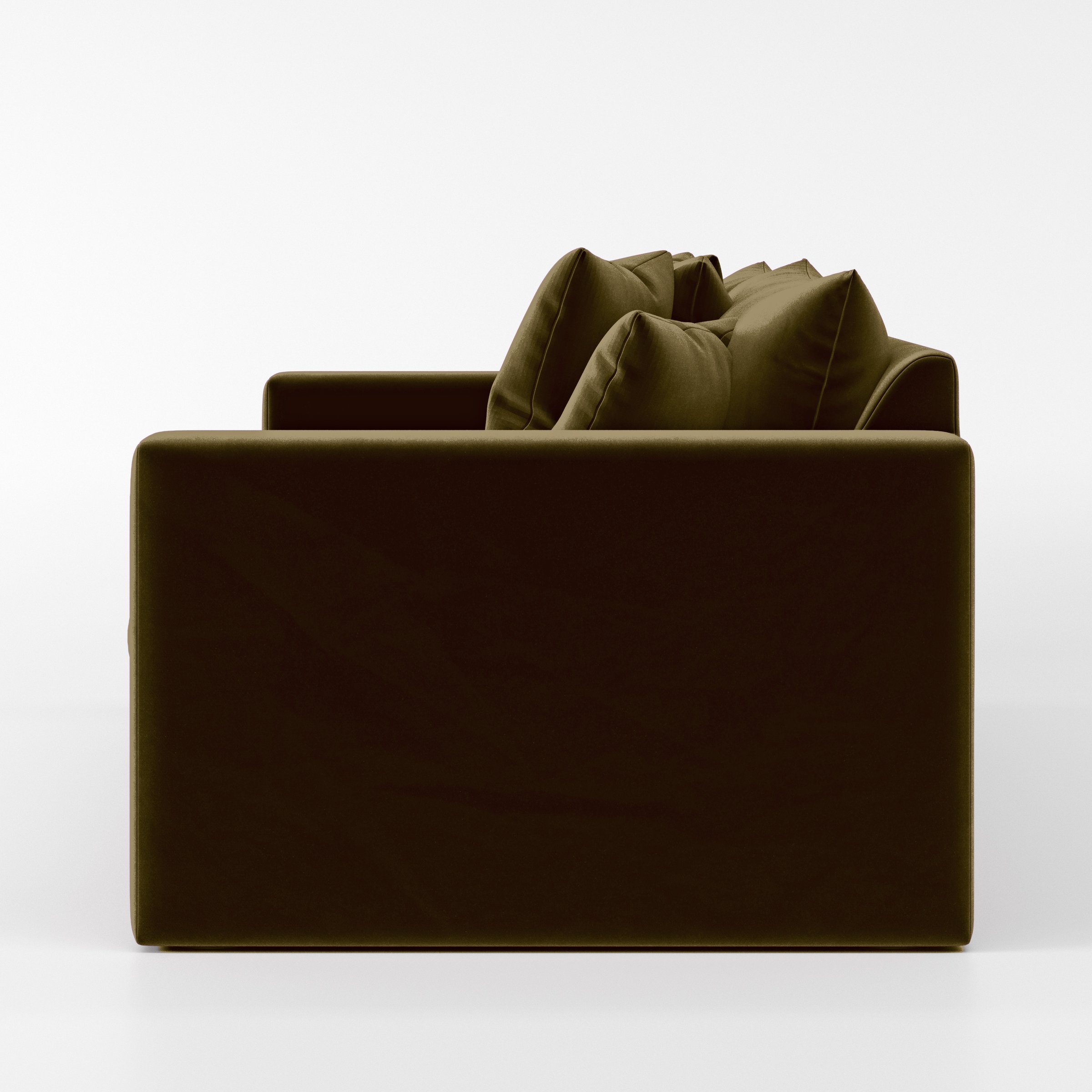 Side view of the Coniston sofa upholstered in Plush EasyClean Velvet in Cedar.