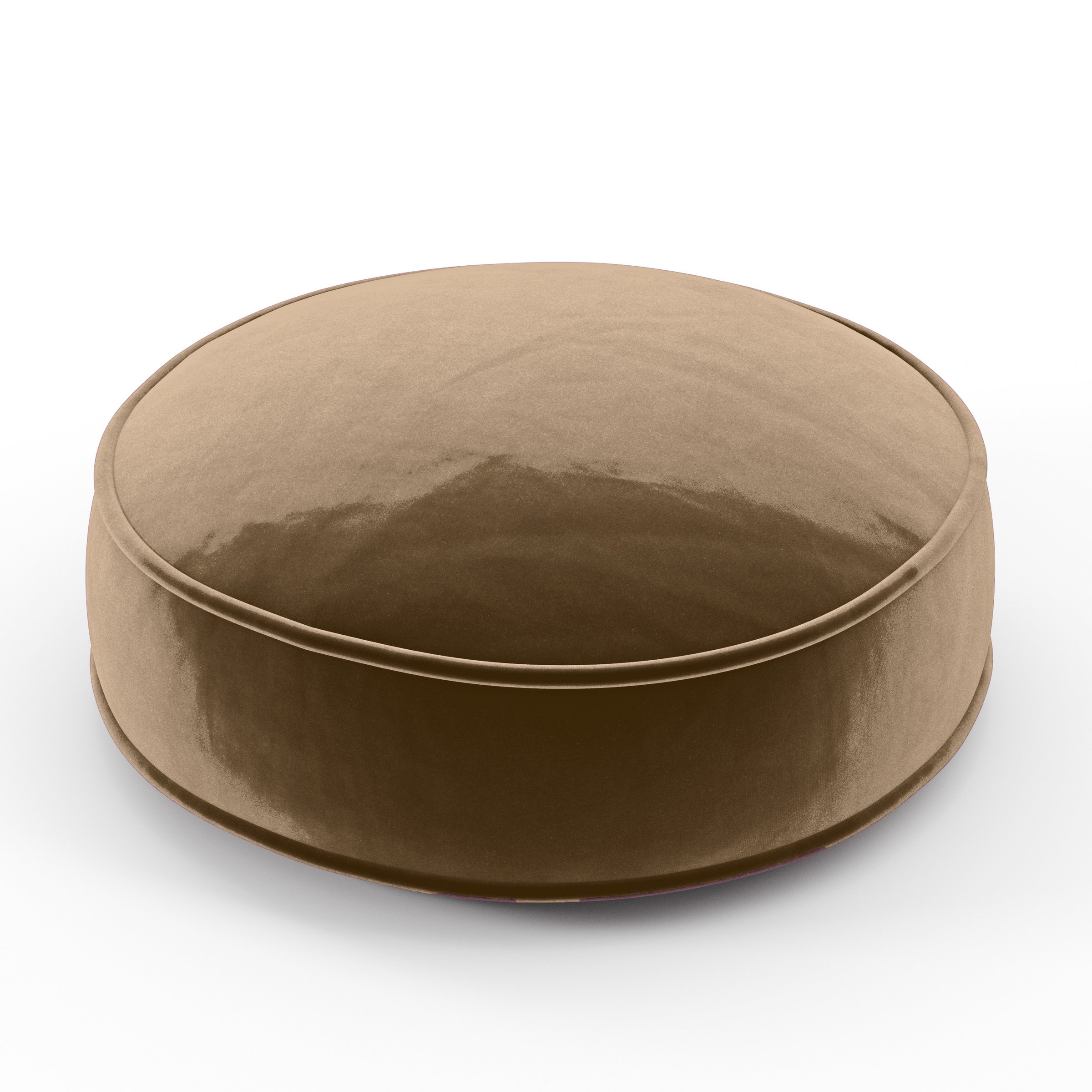 Orbit Cushion round cushion with piping upholstered in Plush EasyClean Velvet in Caribou, size 40cm x 8.75cm.