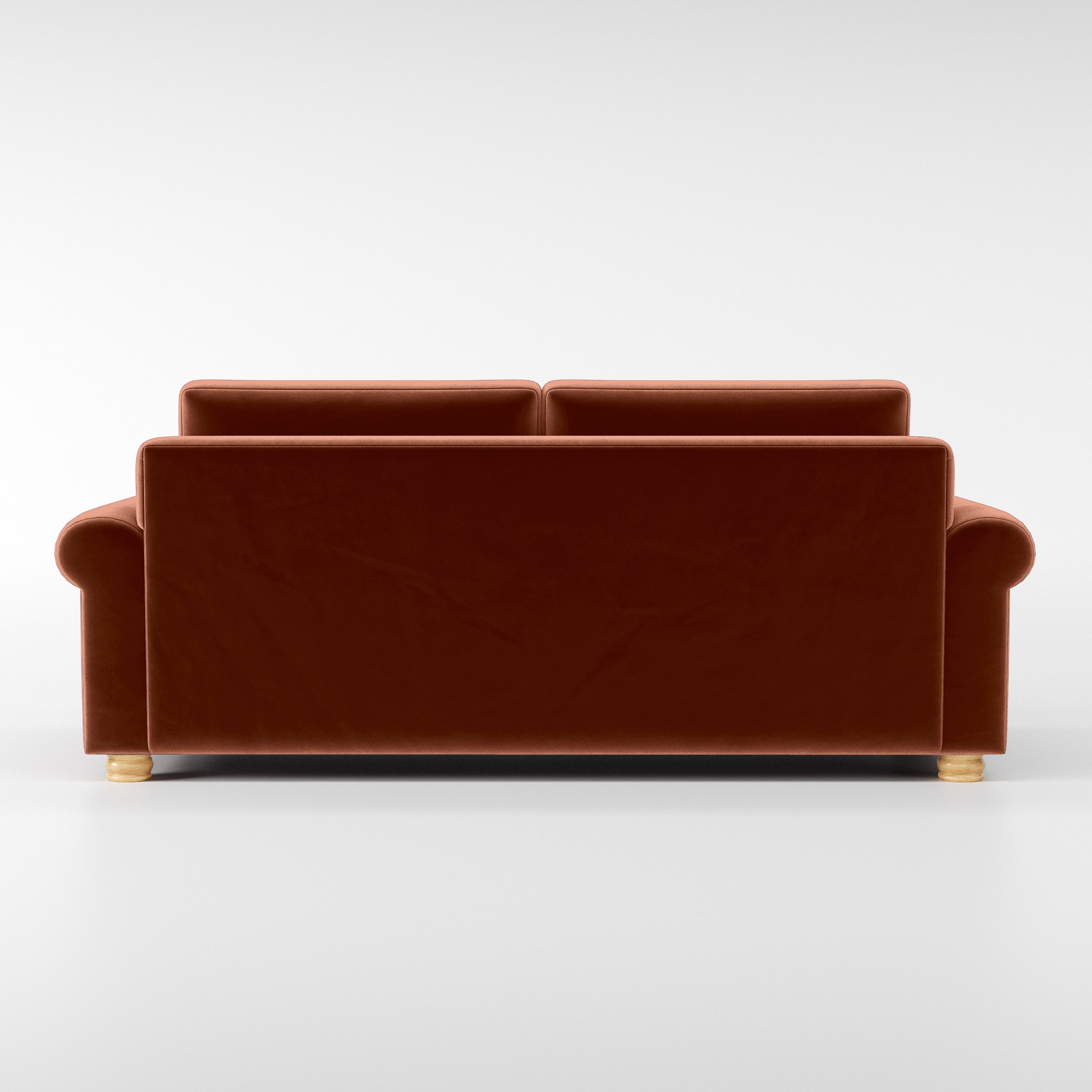 Rear view of the Anna Lee sofa upholstered in Plush EasyClean Velvet in Apricot.