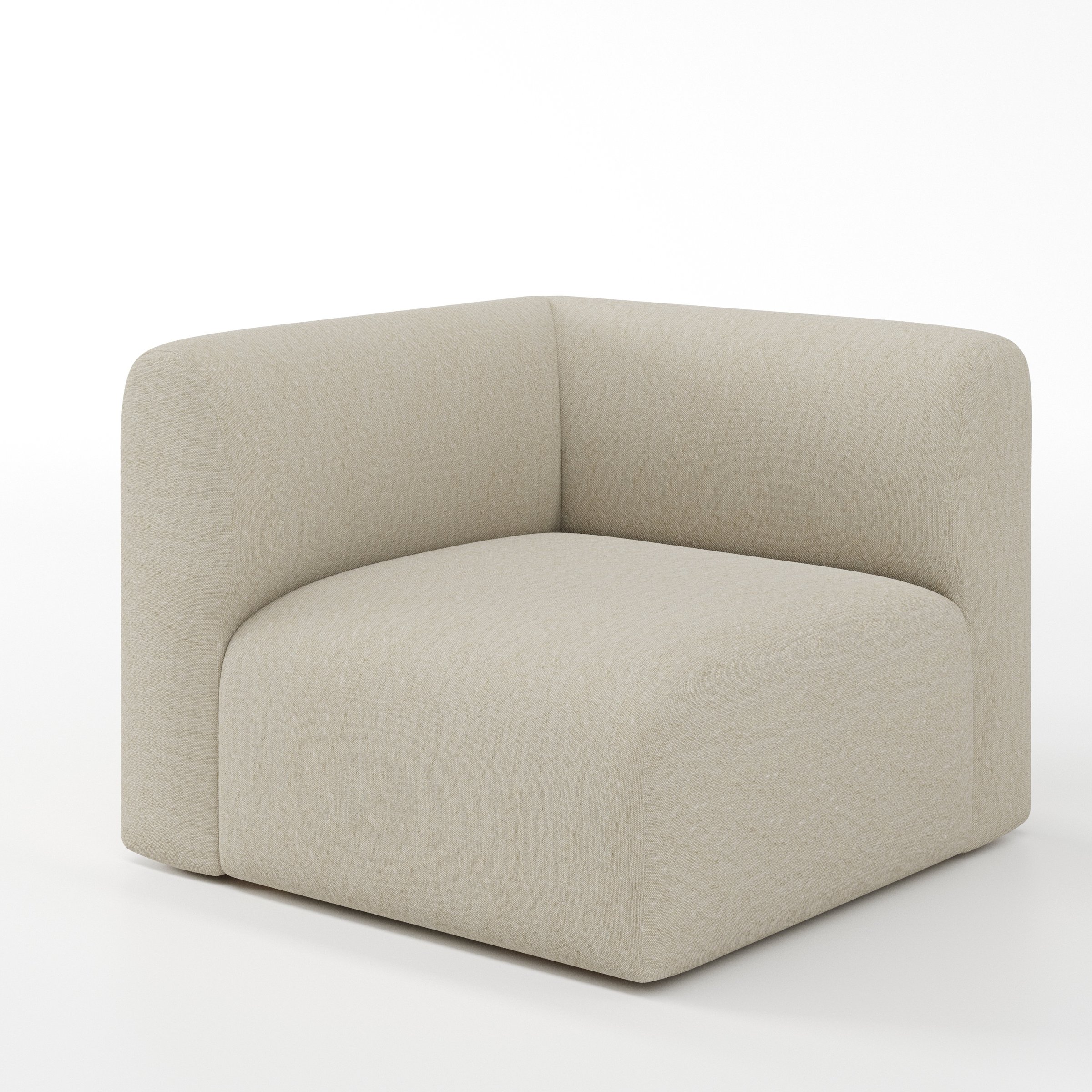 Drumquin modular sofa corner unit in Alderney Linen Oatmeal shown at a diagonal angle highlighting the curved corner backrest and deep, enveloping seat.