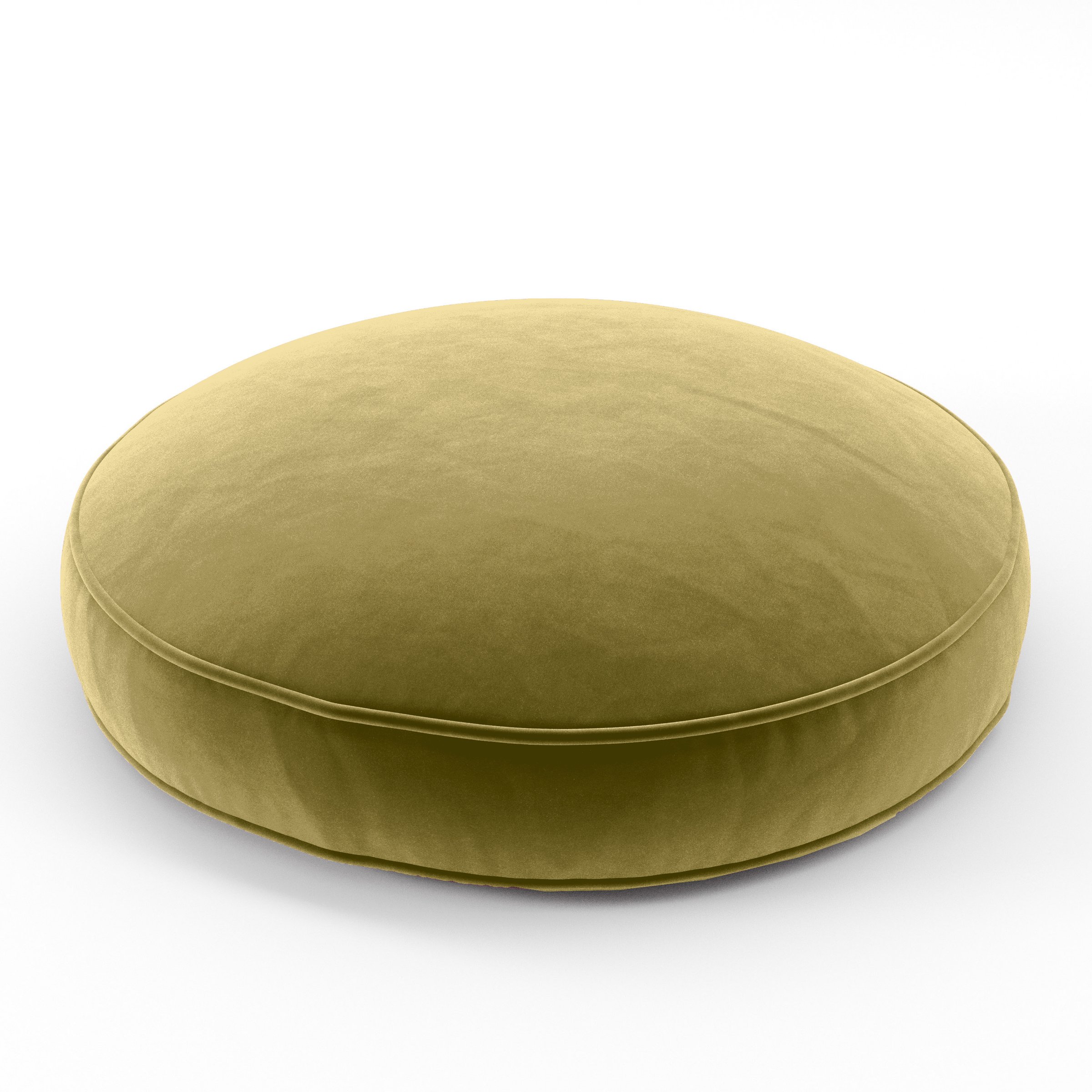 Orbit Cushion round cushion with piping upholstered in Plush EasyClean Velvet in Celery, size 60cm x 8.75cm.