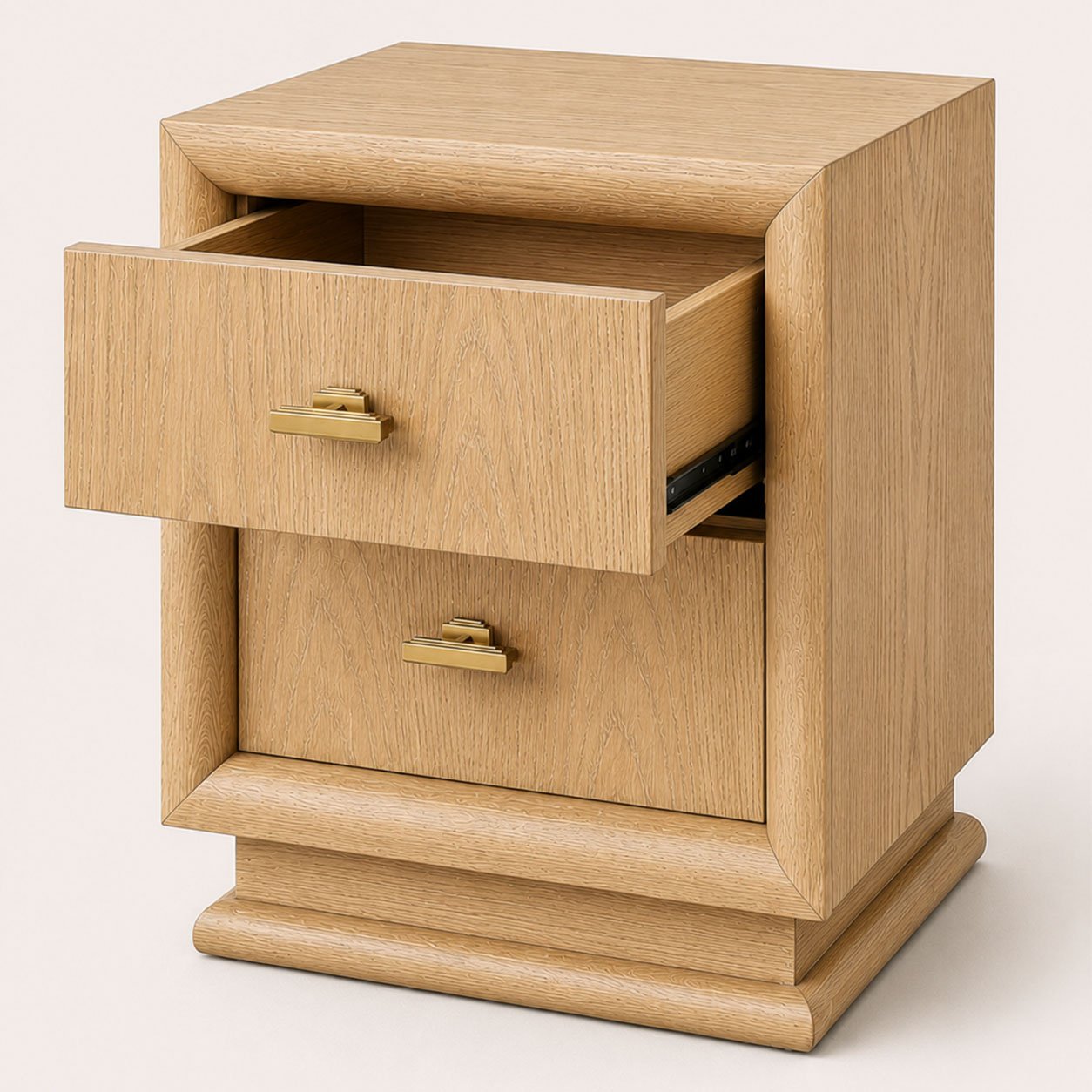 Nightstand 02 in natural oak with the top drawer open, showing the timber drawer interior