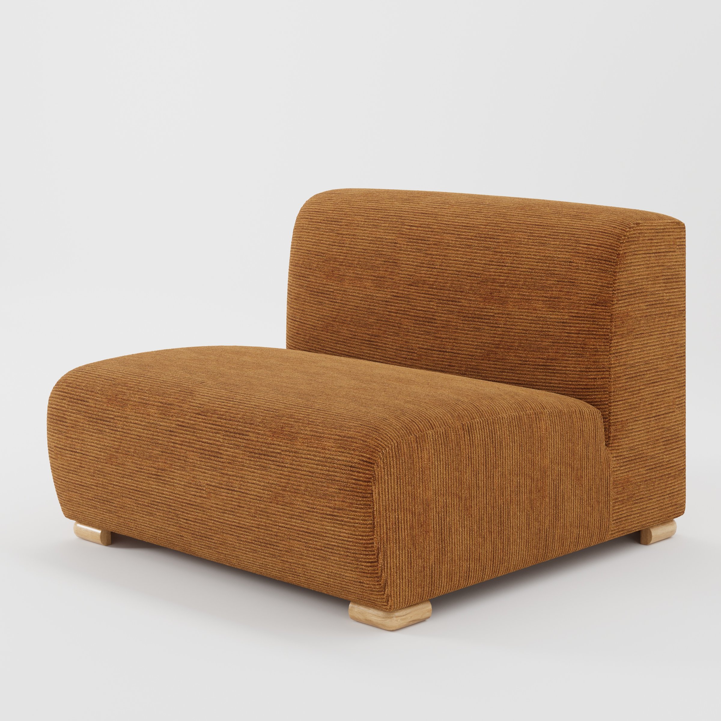 Tay single sofa unit in Caldey Velvet Corduroy Tobacco shown at a diagonal angle highlighting its soft rounded edges and compact, armless form.
