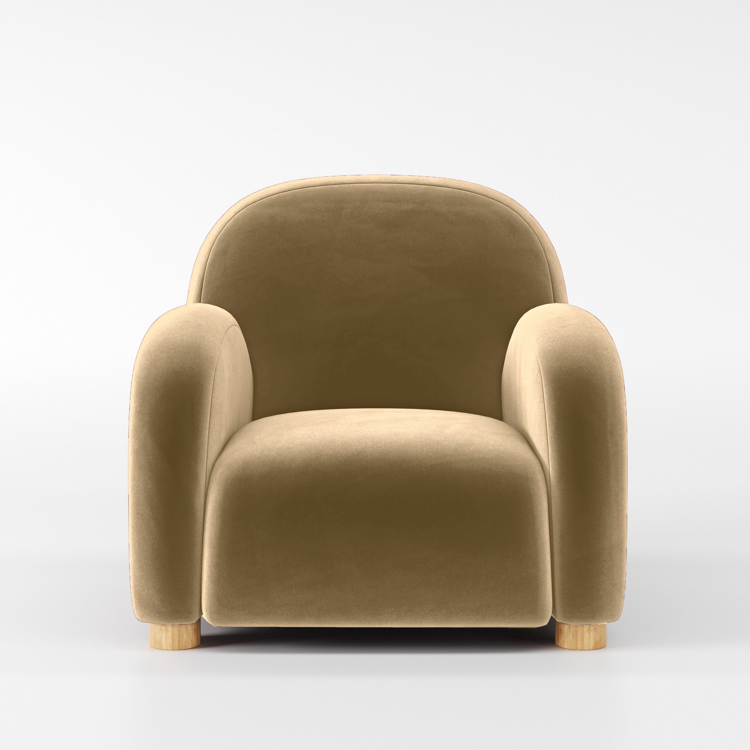 Front view of the Awe armchair upholstered in Plush EasyClean Velvet in Cafe.