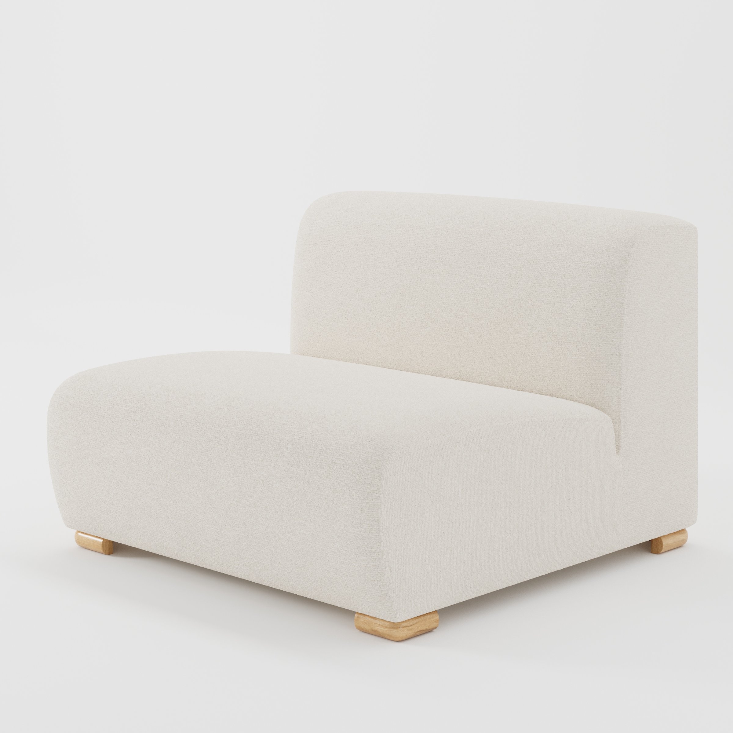 Tay single sofa unit in Kilda Bouclé Cream shown at a diagonal angle highlighting its soft rounded edges and compact, armless form.