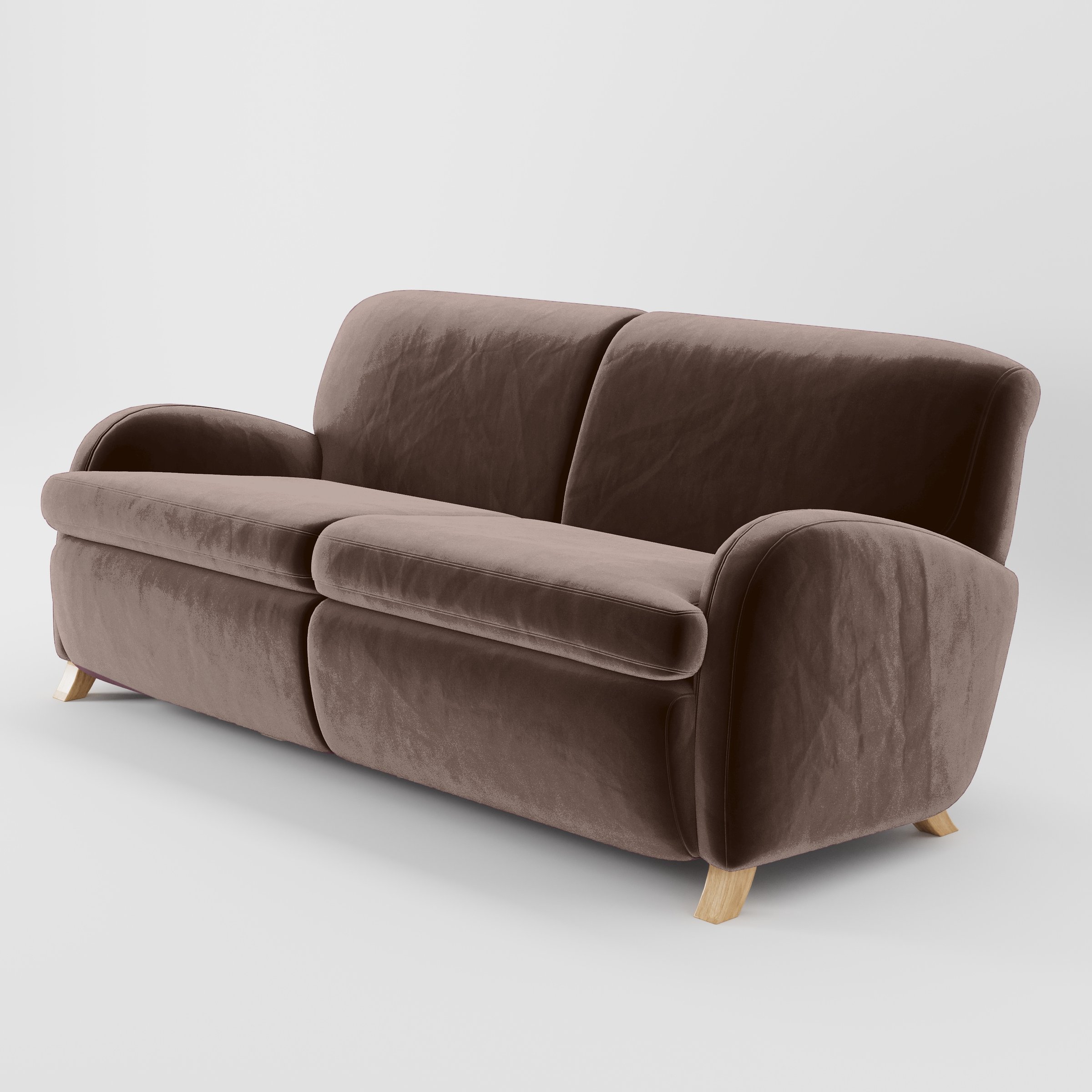 Diagonal view of the Rye sofa upholstered in Plush EasyClean Velvet in Mole.