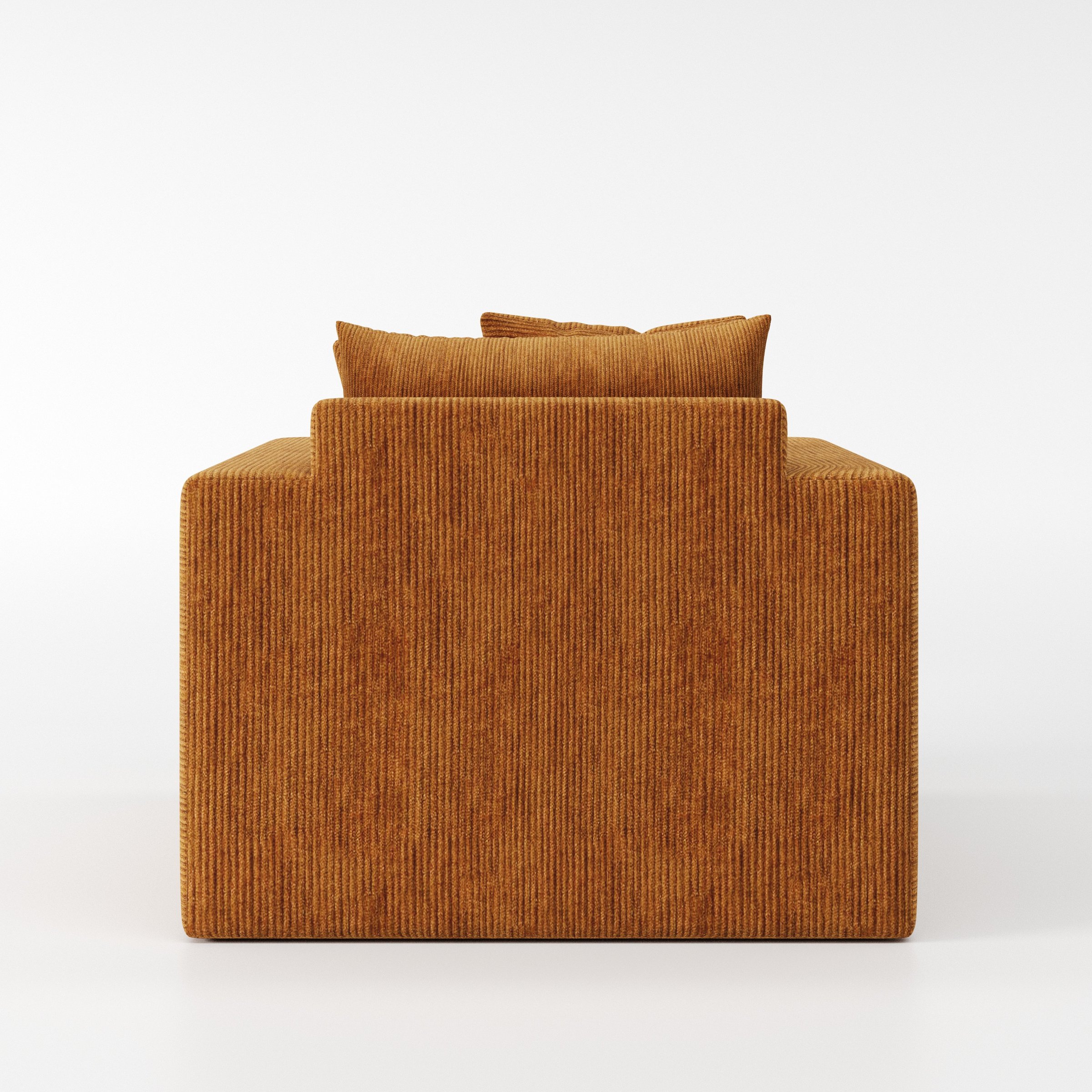 Coniston armchair in Caldey Velvet Corduroy Tobacco shown from the rear highlighting backrest shape and upholstery finish.