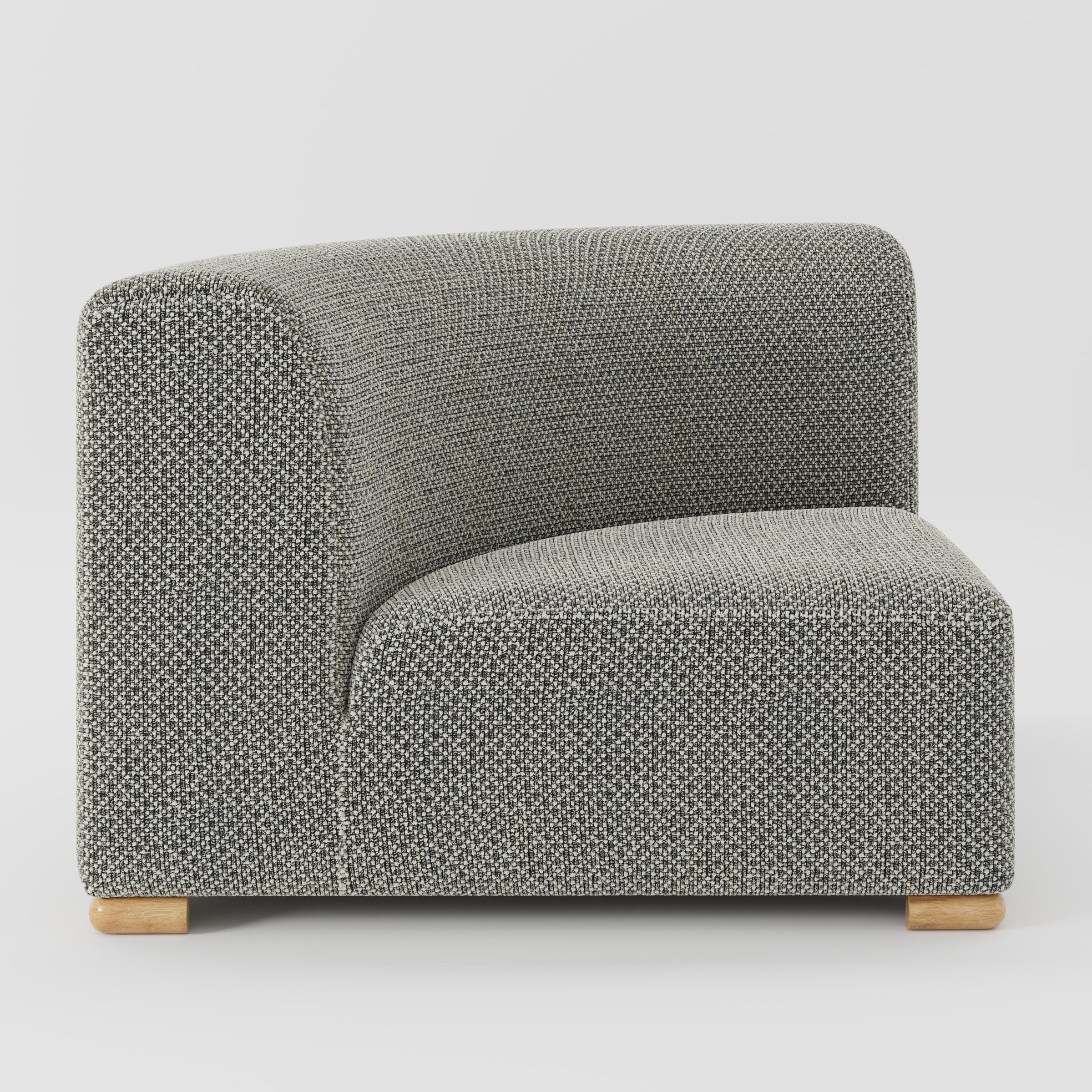 Tay corner sofa unit in Rousay Wool Blend Tar and Chalk shown from the side highlighting the curved backrest and deep seat with timber feet.