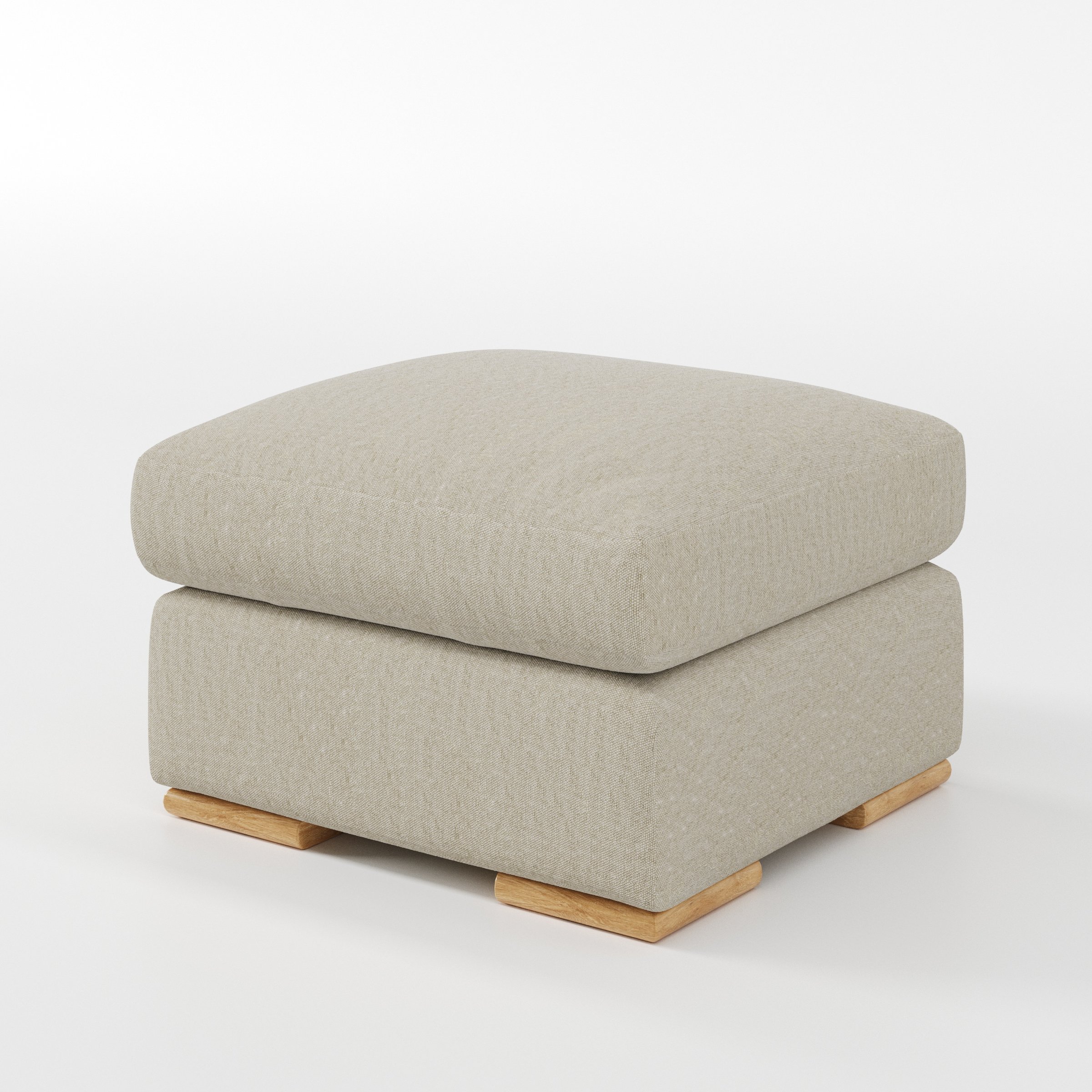 Moy footstool in Alderney Linen Oatmeal shown at a diagonal angle highlighting deep cushioning and low wooden base.