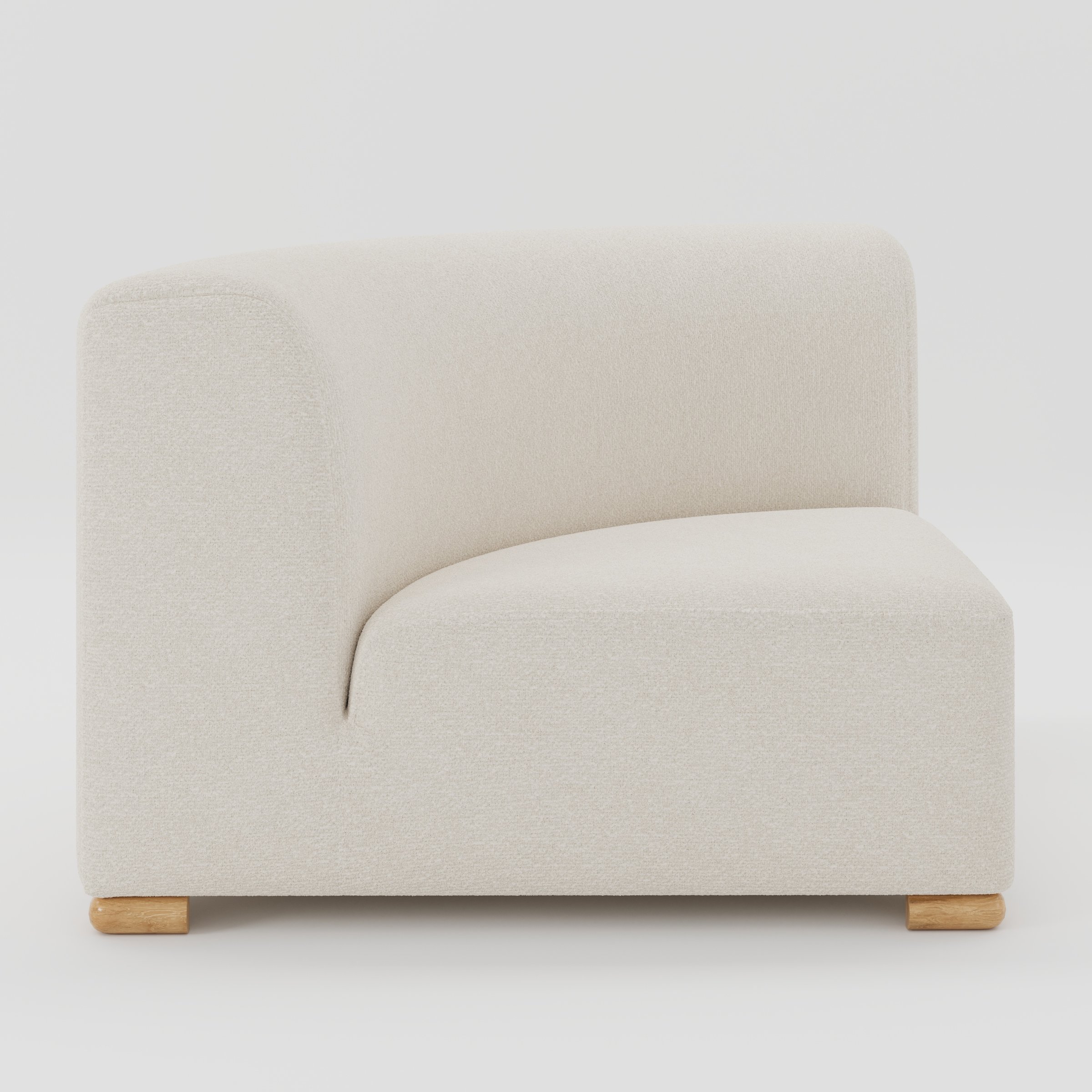 Tay corner sofa unit in Kilda Bouclé Cream shown from the side highlighting the curved backrest and deep seat with timber feet.