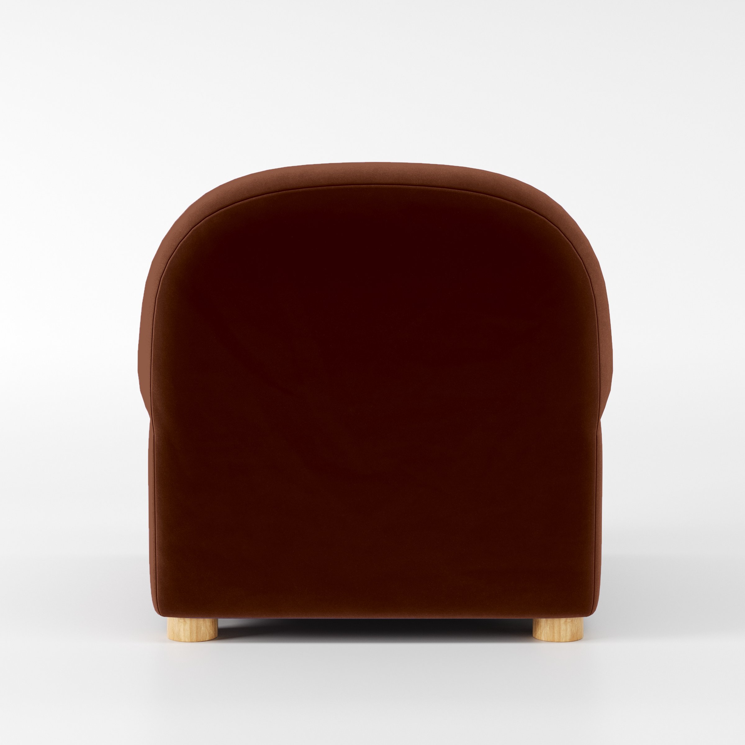 Rear view of the Awe armchair upholstered in Plush EasyClean Velvet in Maple.