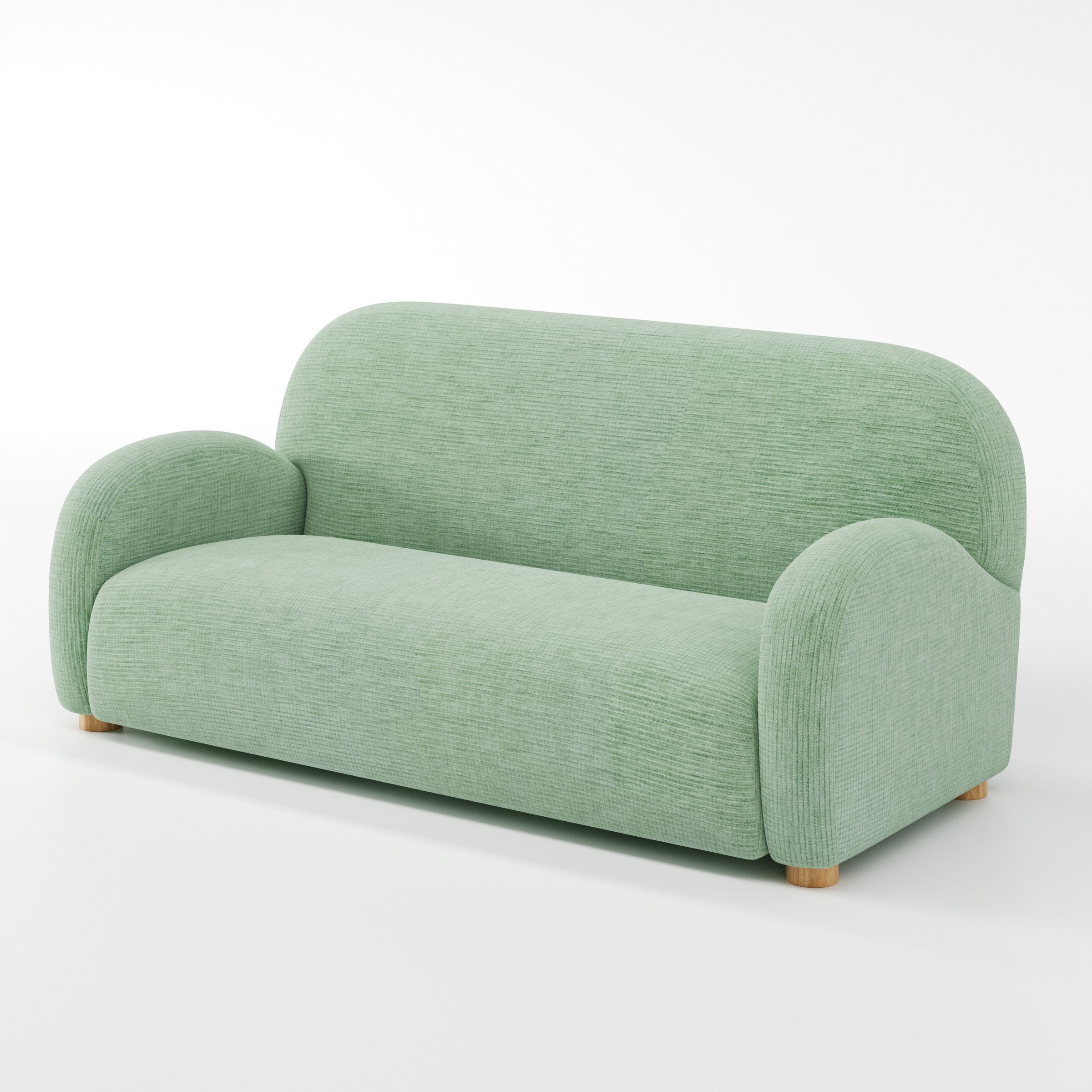 Awe sofa in Caldey Velvet Corduroy Eucalyptus shown at a diagonal angle highlighting arm profile and seat depth.