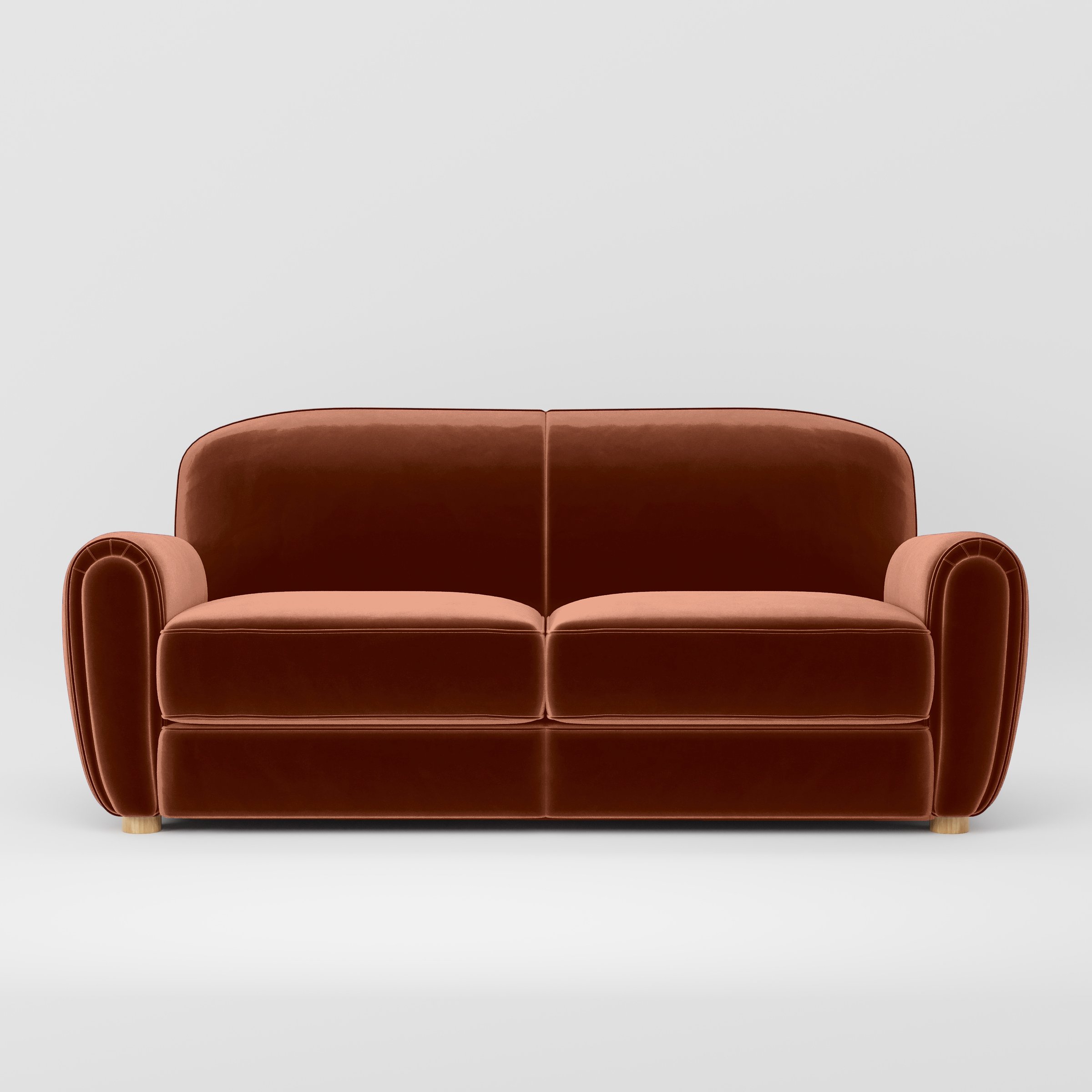 Front view of the Fergus sofa upholstered in Plush EasyClean Velvet in Apricot.