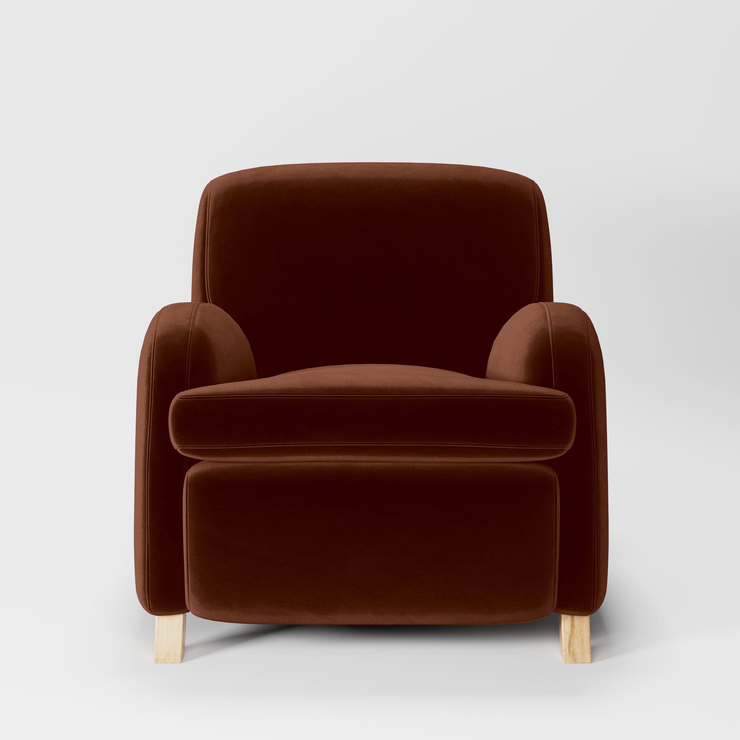 Front view of the Rye armchair upholstered in Plush EasyClean Velvet in Maple.
