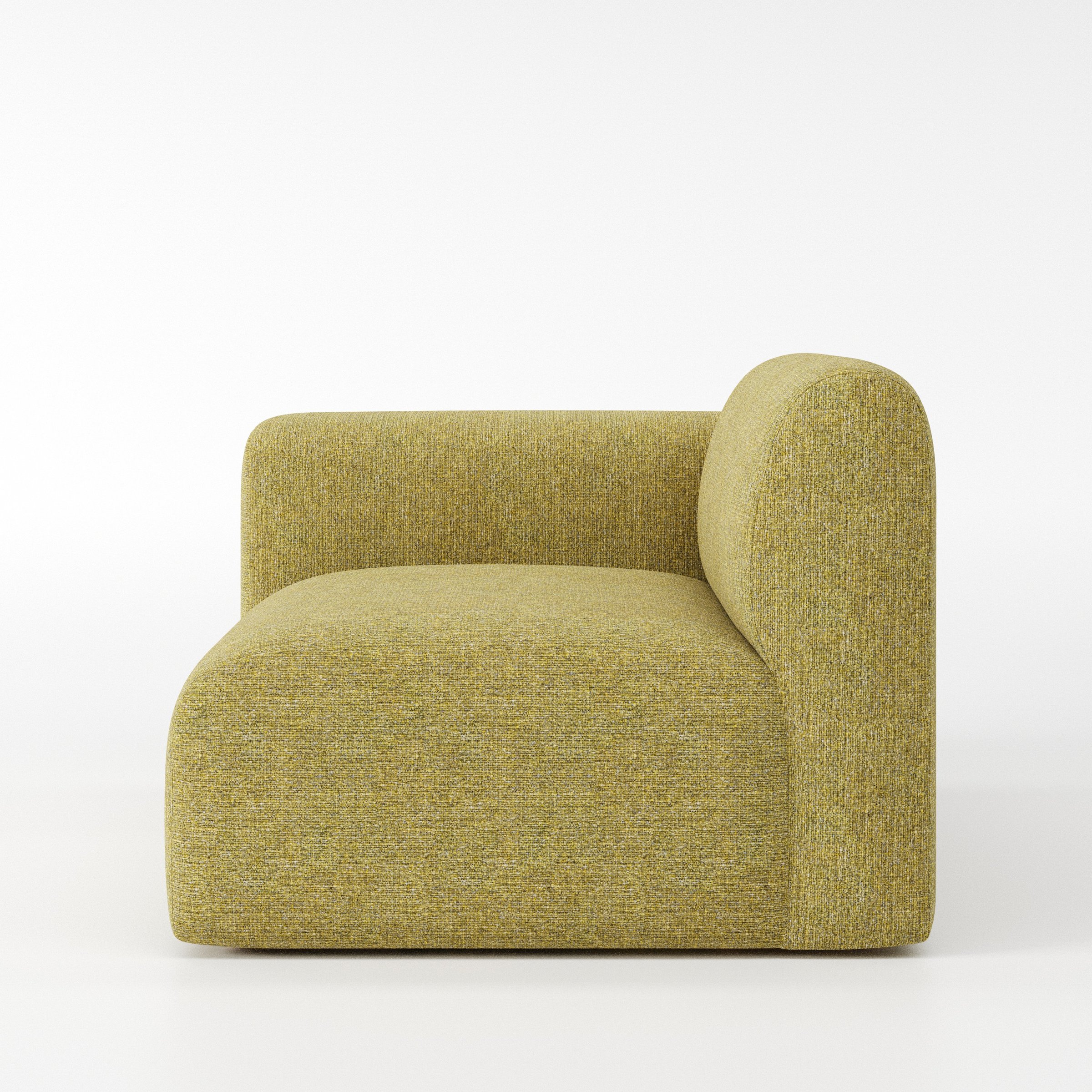 Drumquin modular sofa left side unit in Heyling Tweed Sencha shown from the side showing the rounded left armrest and deep seat profile.