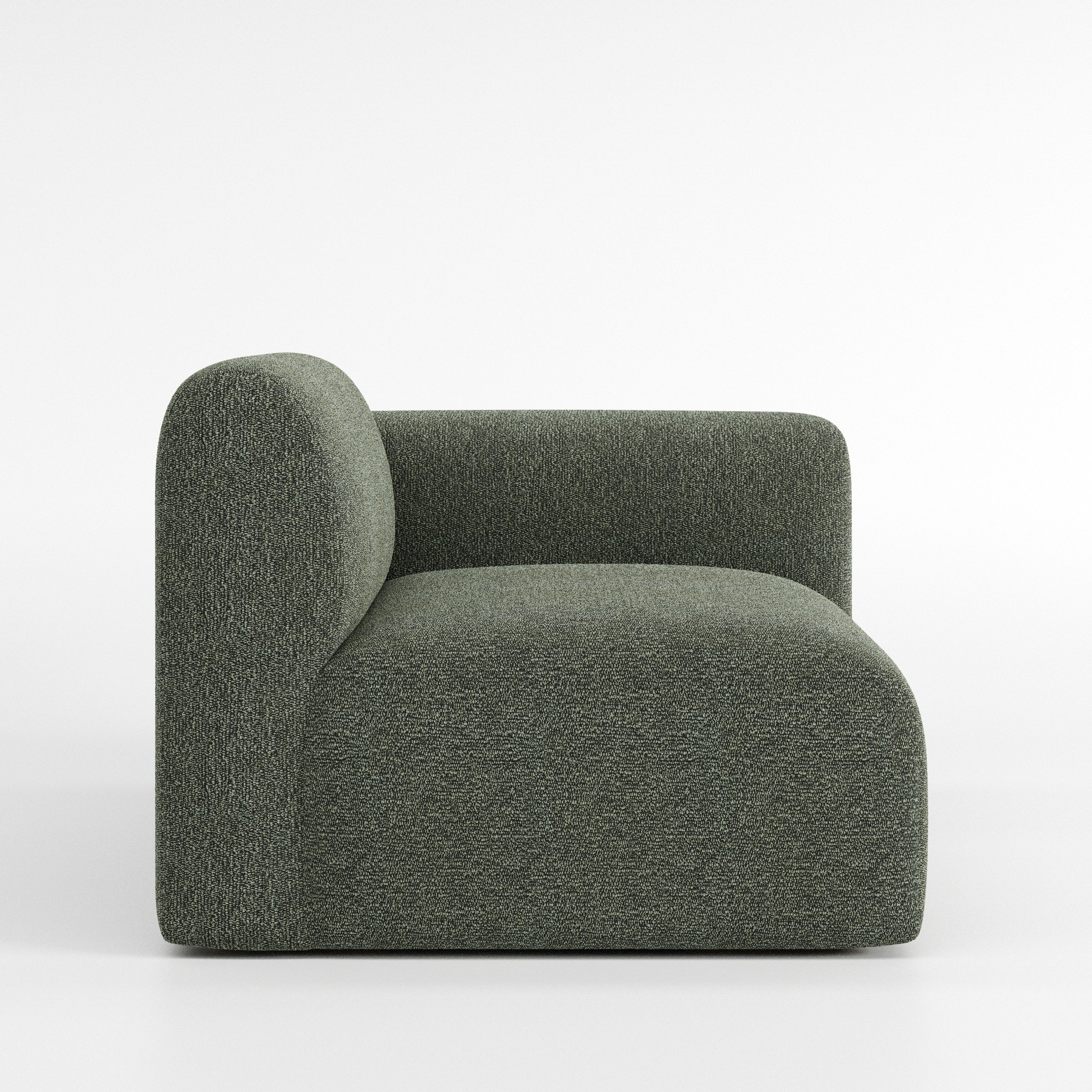 Drumquin modular sofa right side unit in Kilda Bouclé Moss shown from the side showing the rounded right armrest and deep seat profile.