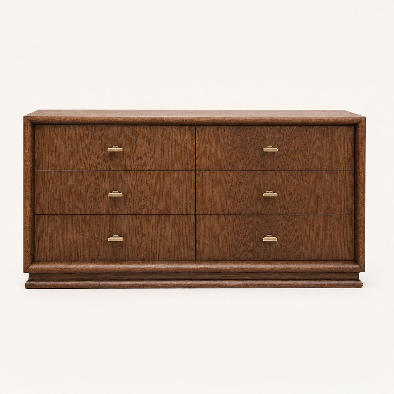 Chest of Drawers 02 in dark stained oak, front view with six drawers and brass handles