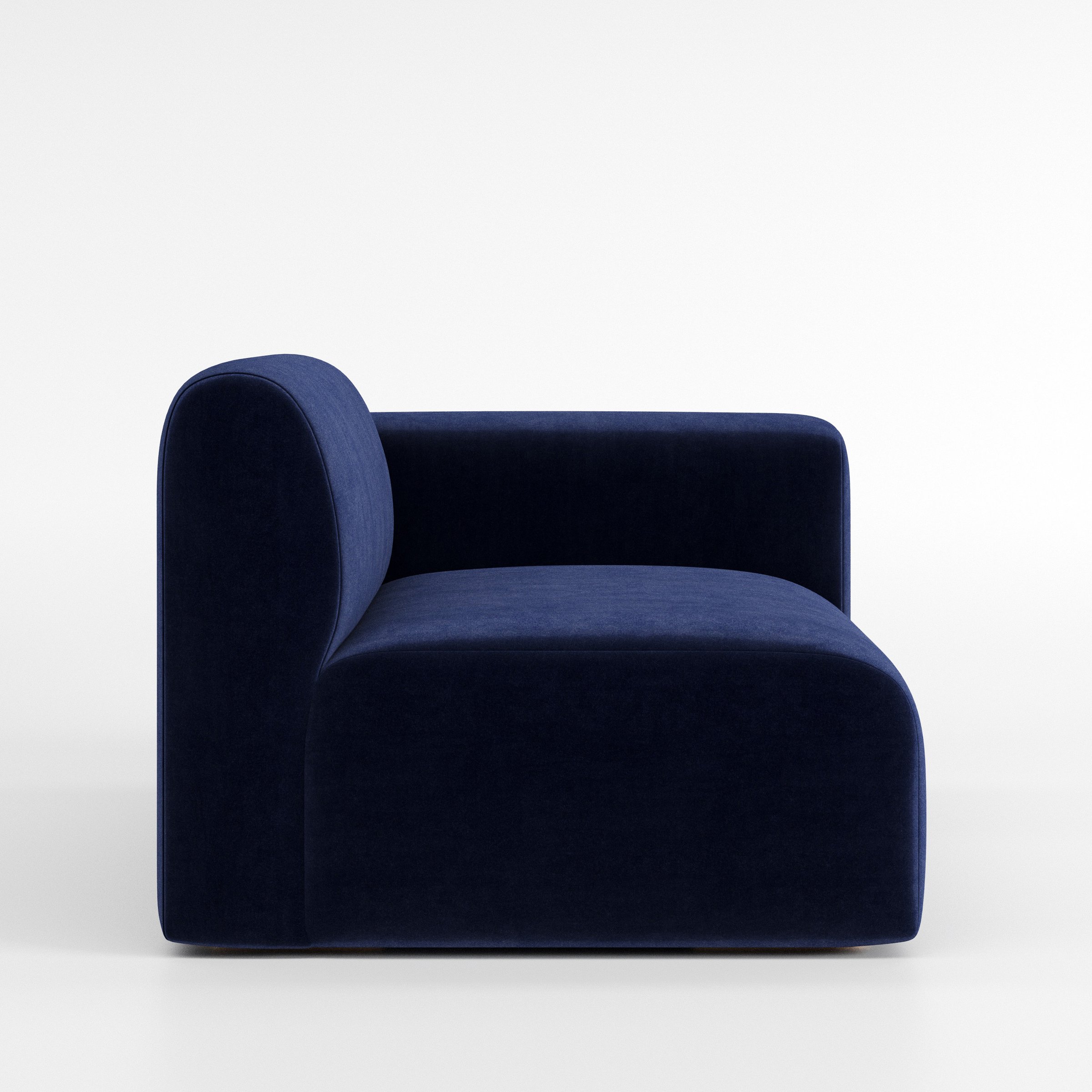 Drumquin modular sofa right side unit in Noss Velvet Navy shown from the side showing the rounded right armrest and deep seat profile.