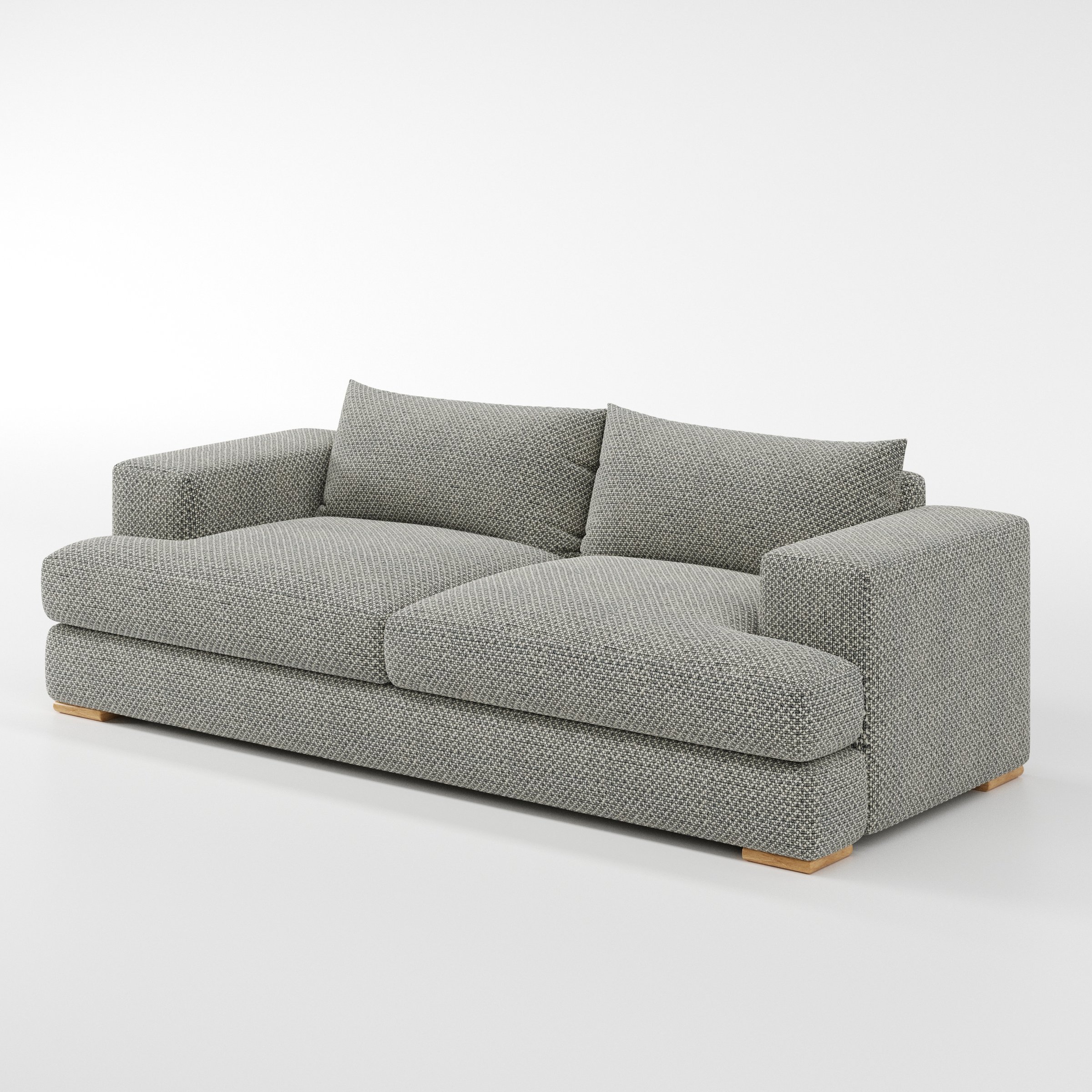 Fane sofa in Rousay Wool Blend Tar and Chalk shown at a diagonal angle highlighting arm profile and seat depth.