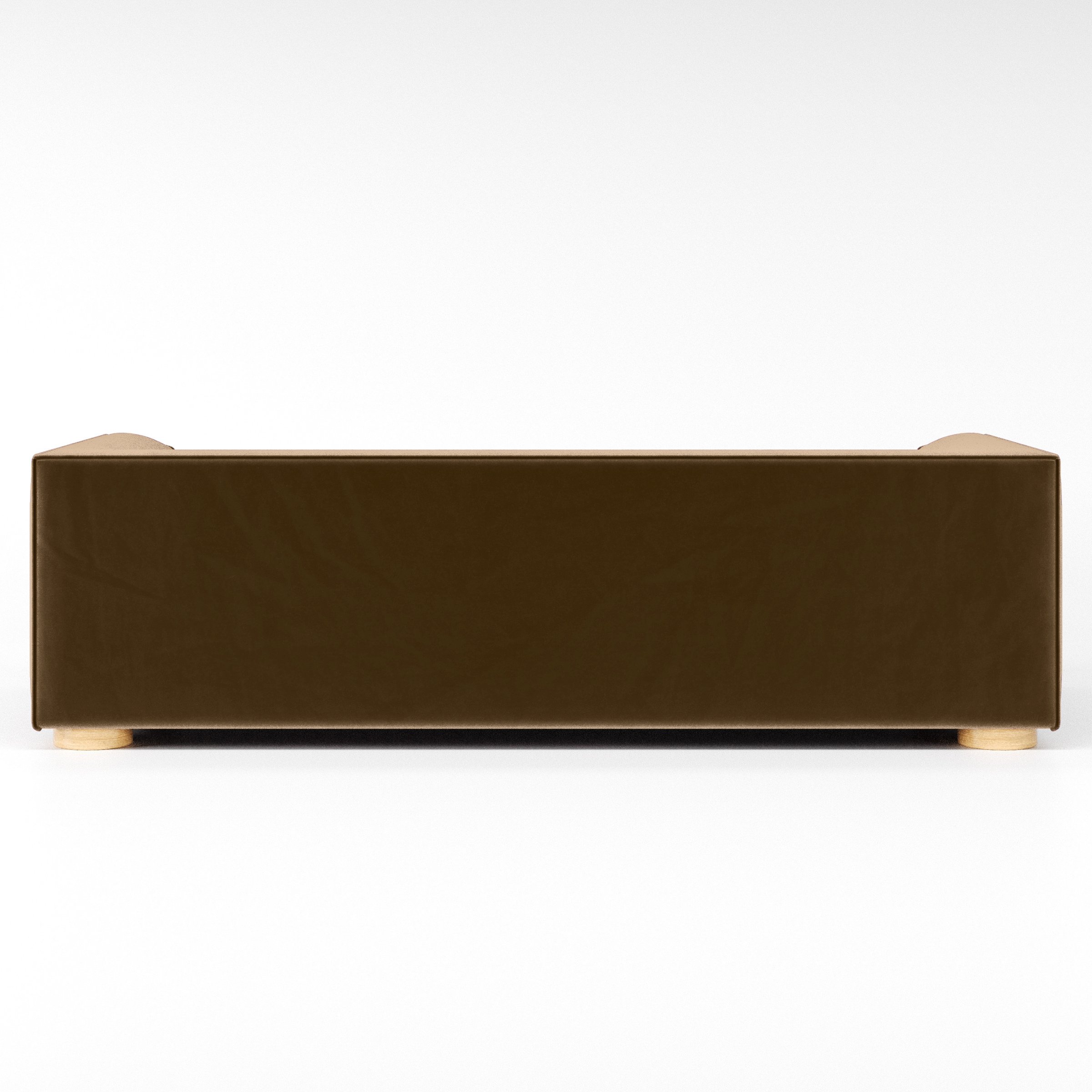 Rear view of the Feale sofa upholstered in Plush EasyClean Velvet in Caribou.